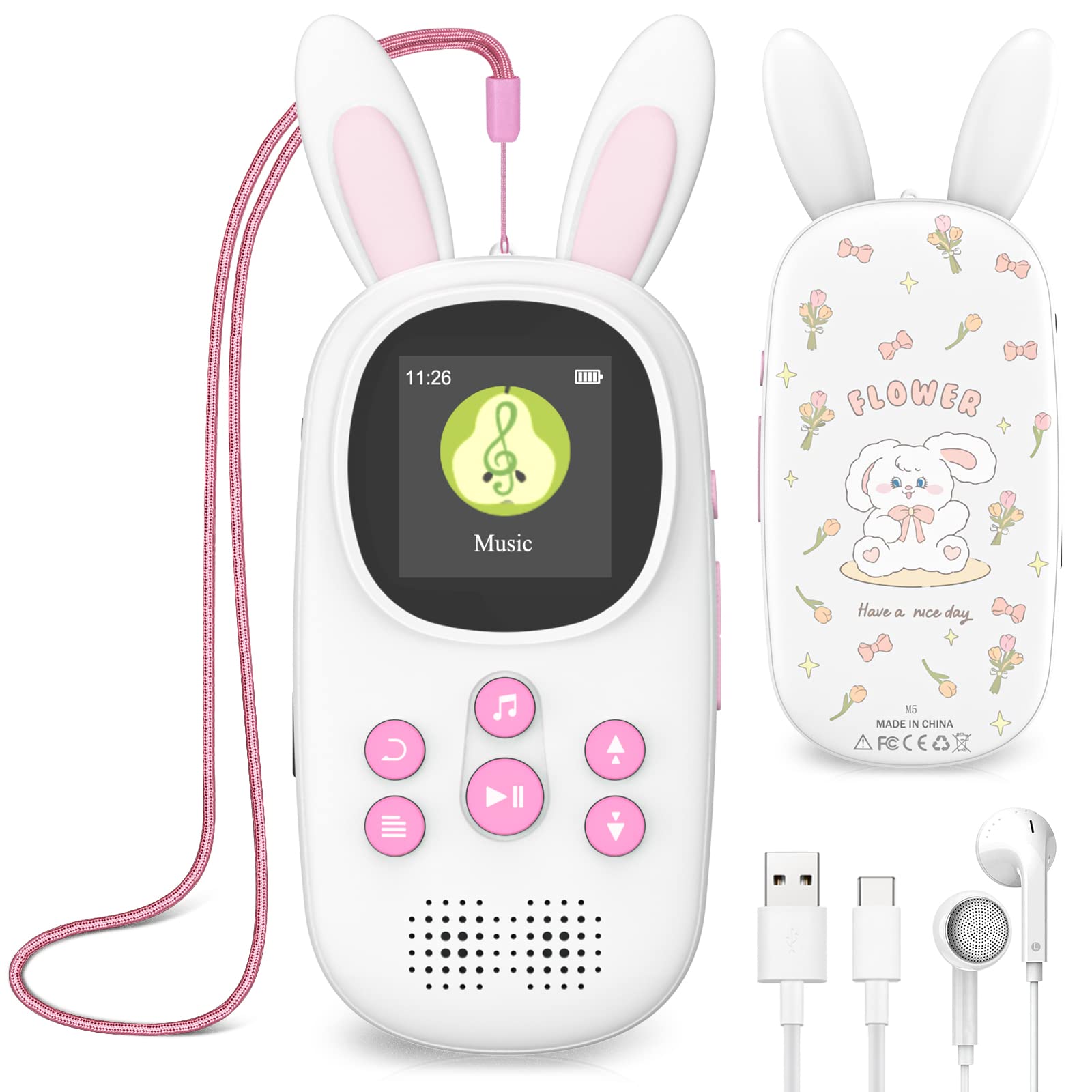 16GB Music MP3 Player for Kids, Cute Bunny Kids Music MP3 Player with Bluetooth, MP3 & MP4 Players with Speaker, MP3 Player with