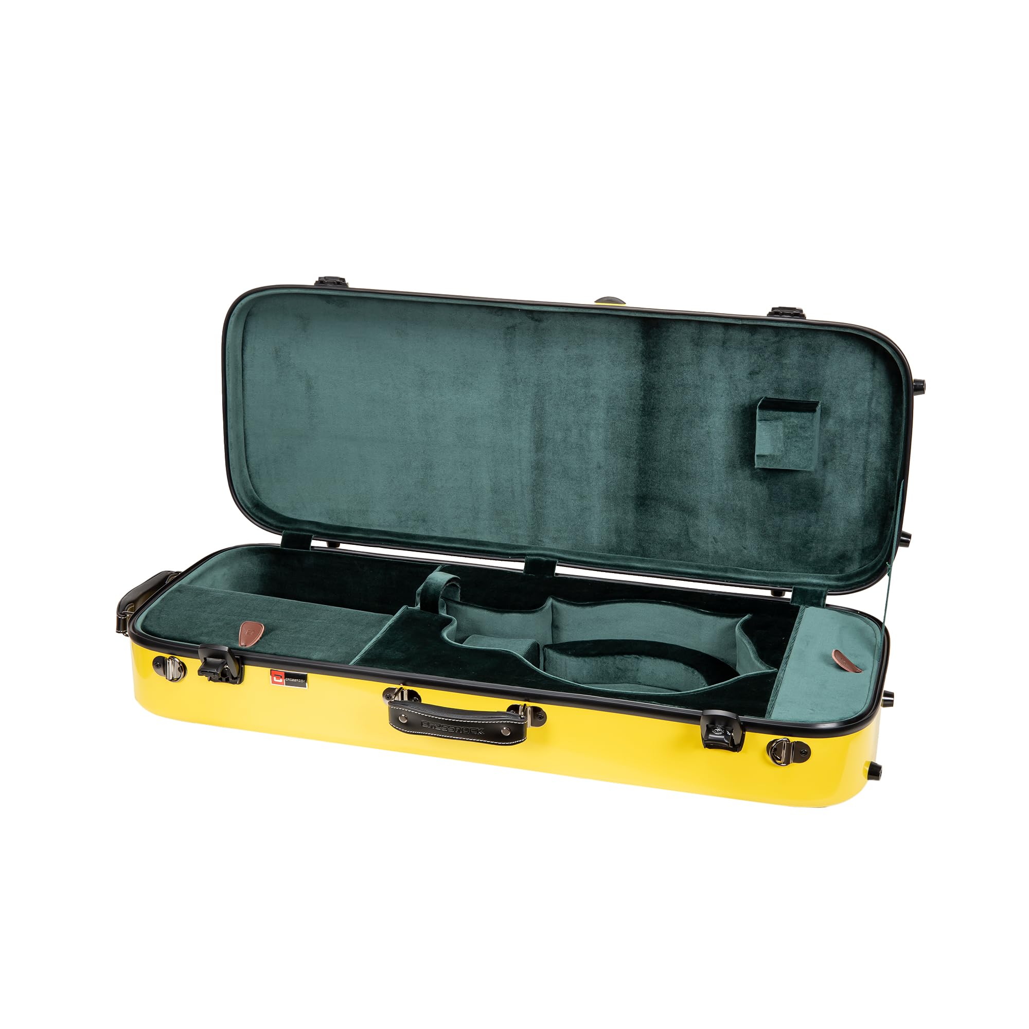 Crossrock Fiberglass Mandolin Case - Oblong For F-Style (Fits Gibson F5) | Yellow Gloss Finish, Forest Green Velvet, Tsa Lock, H