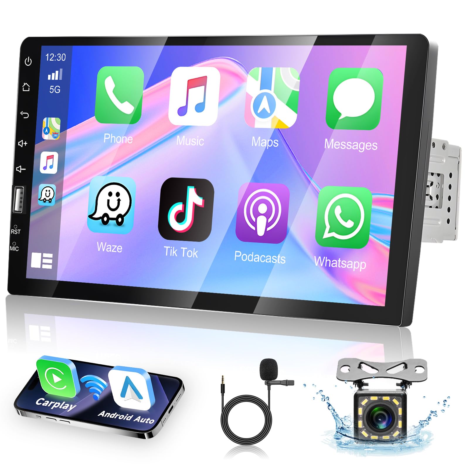 [Upgrade] 9 Inch Single Din Car Stereo Touchscreen Radio With Apple Carplay, Bluetooth, Android Auto, Mirrorlink, Podofo Car Radio With Fm/Usb/Sd/Aux/Subwoofer Ports, Fast Charging, Backup Camera