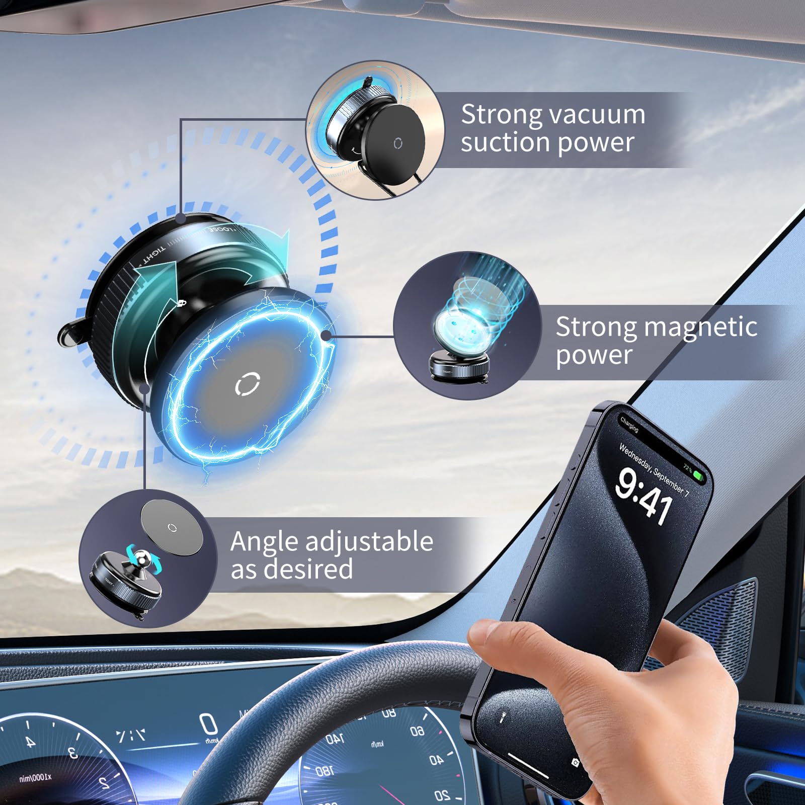 Sugool Magnetic Phone Mount, 360 Rotatable No-Electric Suction Holder With Universal Joint, Magsafe Compatible For Iphone & Andr