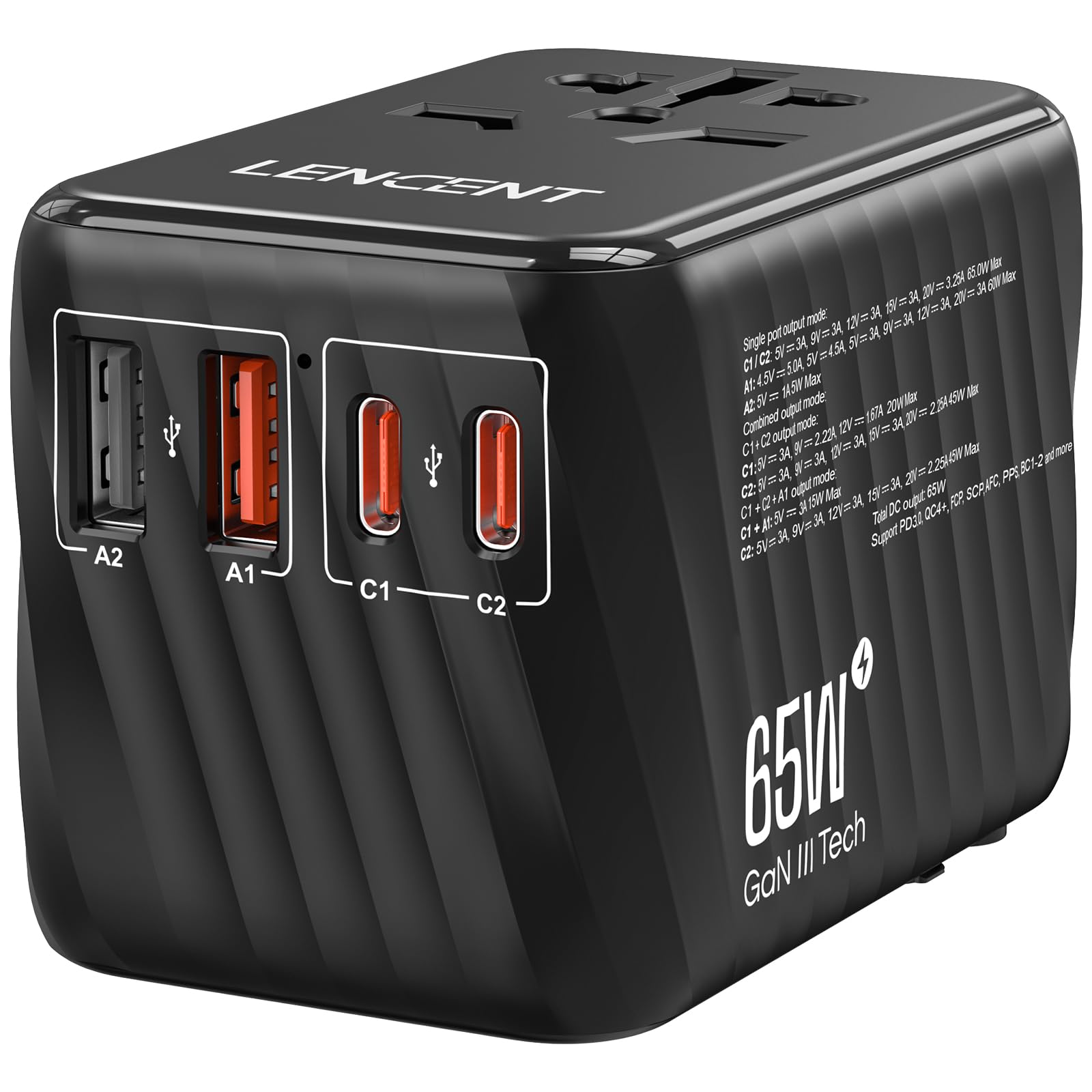 Lencent Universal Travel Adapter, 65W Gan International Fast Charger With 2 Pd3.0 Type C+2 Qc Usb A, Worldwide Power Adaptor For
