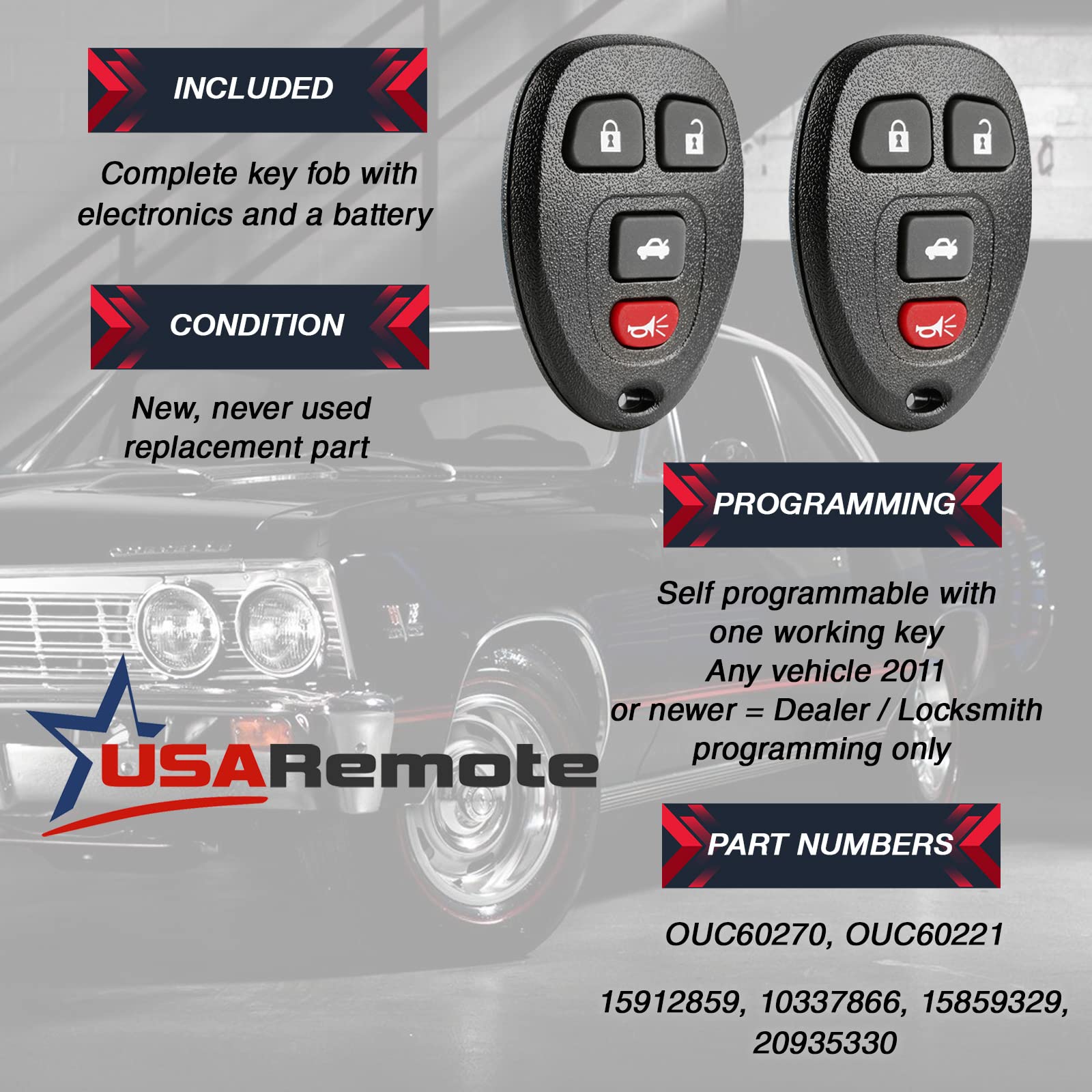 Keyless Entry Remote Ignition Key Fits Buick Lucerne / Chevy Impala Monte Carlo / Cadillac Dts (Ouc60270, Ouc60221), Set Of 2