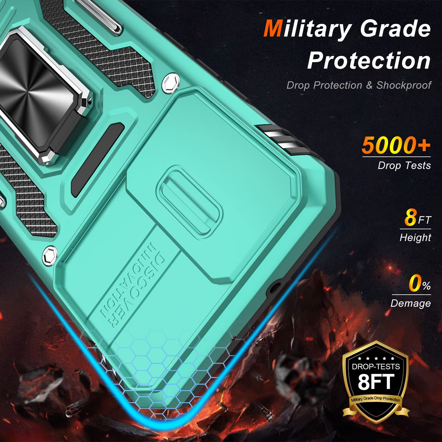 LUMARKE Phone Case for Samsung Galaxy S22 Plus with Camera Cover Kickstand Military Grade Plastic Turquoise
