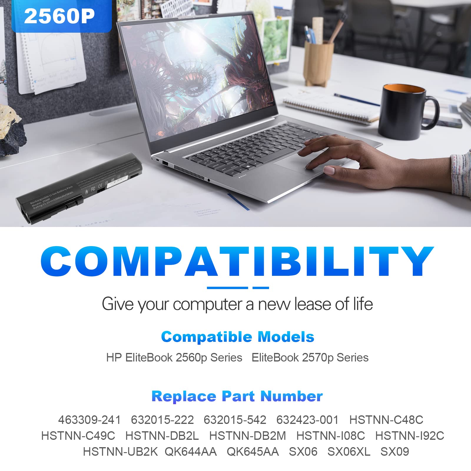 Futurebatt New 5200Mah Laptop Battery For Hp Elitebook 2560P 2570P Sx03 Sx06 632423 001 Hstnn Db2K