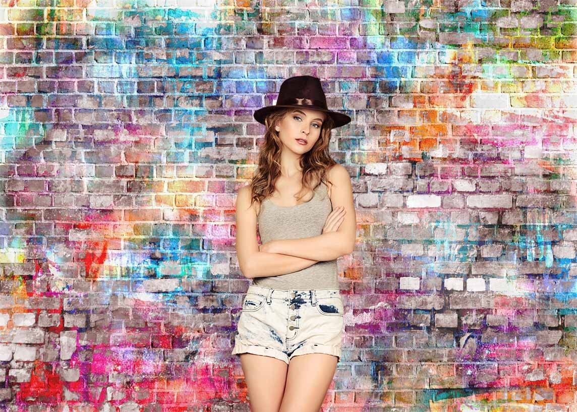 Corfoto 7X5Ft Fabric Colorful Brick Wall Backdrop Colorful Graffiti Brick Backdrop For Photography Hip Hop Disco Brick Wall Back