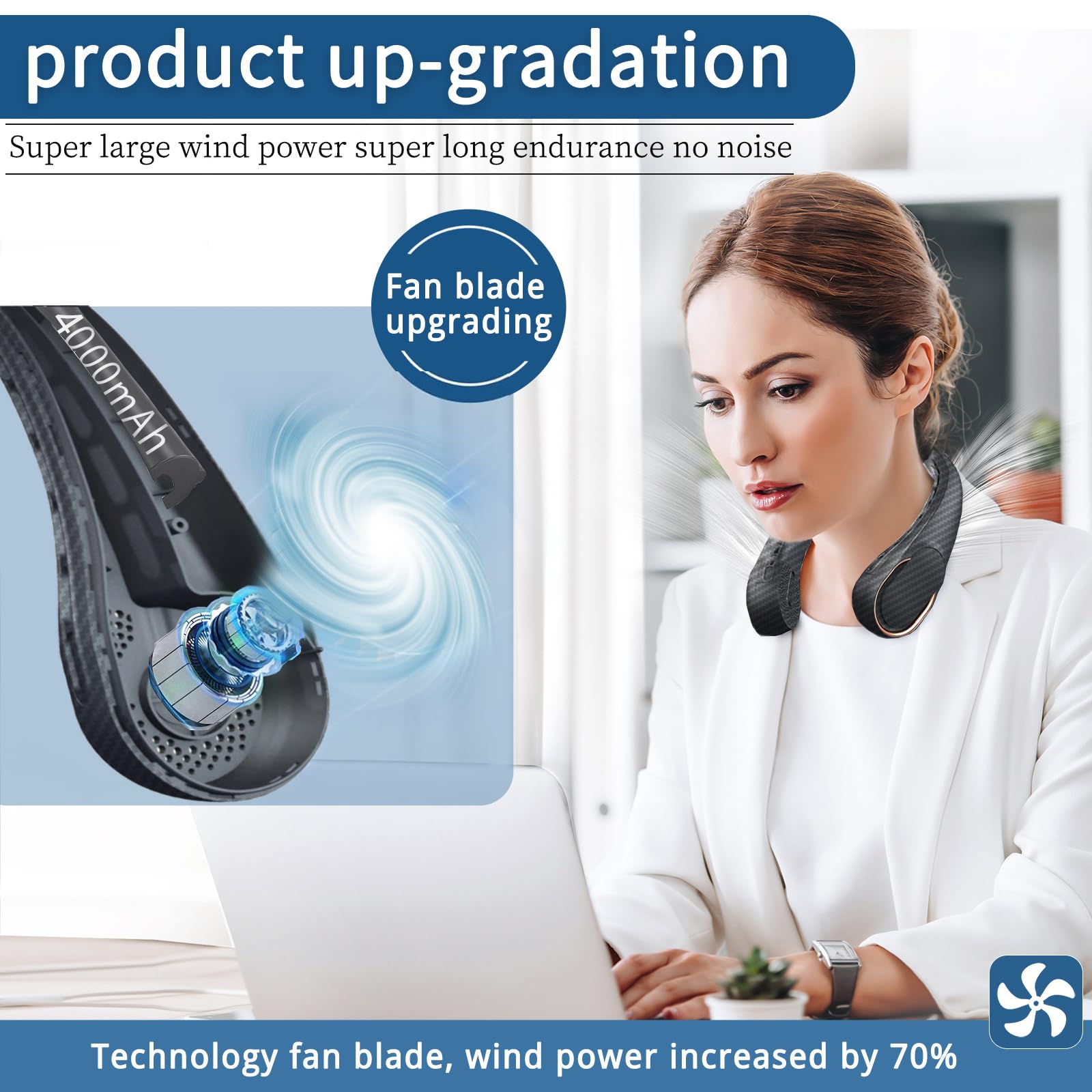 Asnug Neck Fan, Bladeless Neck Fan, 4000 Mah Rechargeable Personal Fan, 360 Hands Free Wearable Fan, 3 Speeds Adjustable,Faster