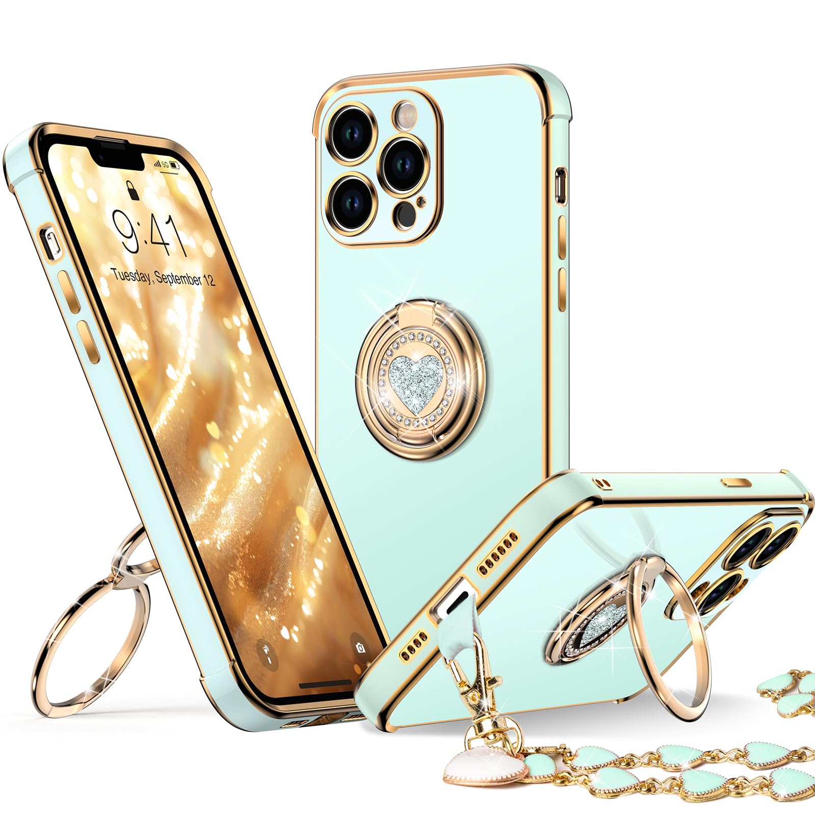 Xyz For Iphone 13 Pro Max Case With Stand, Phone Case With Double Ring Kickstand, Women Girl Cute Love Heart Luxury Bling Protec