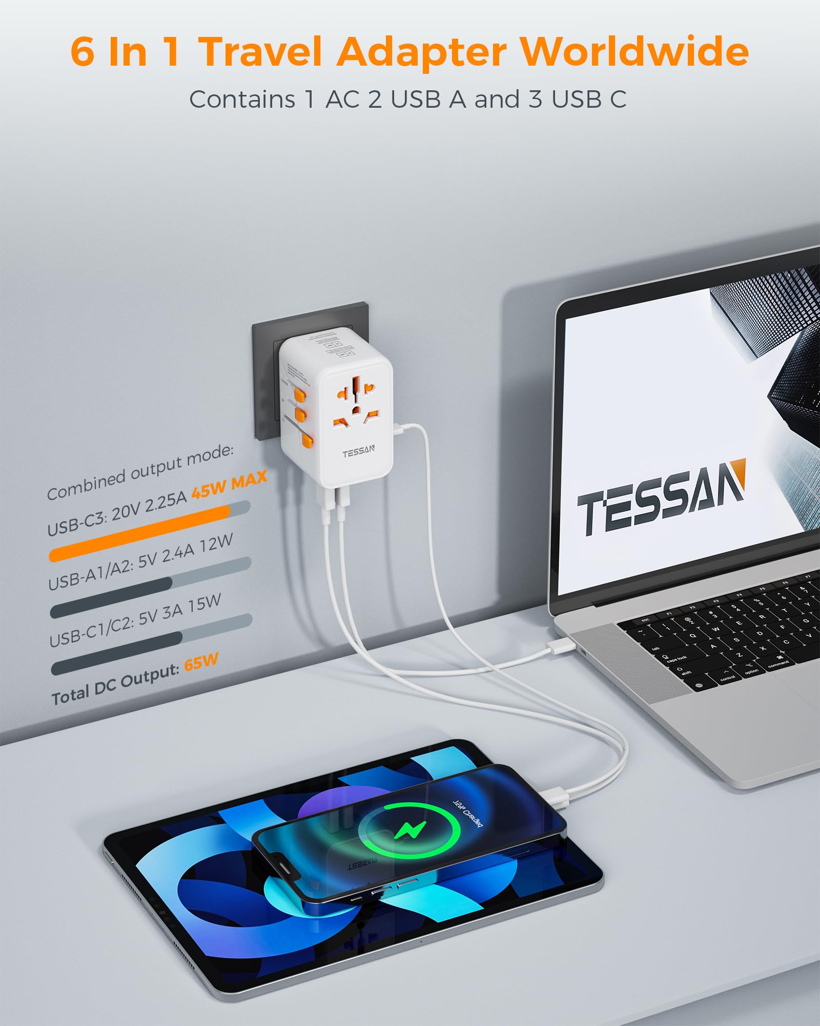 Tessan Universal Travel Adapter Worldwide, Gan 65W International Plug Adaptor With 3 Usb C 2 Usb A Ports, World Power Adapter Fo