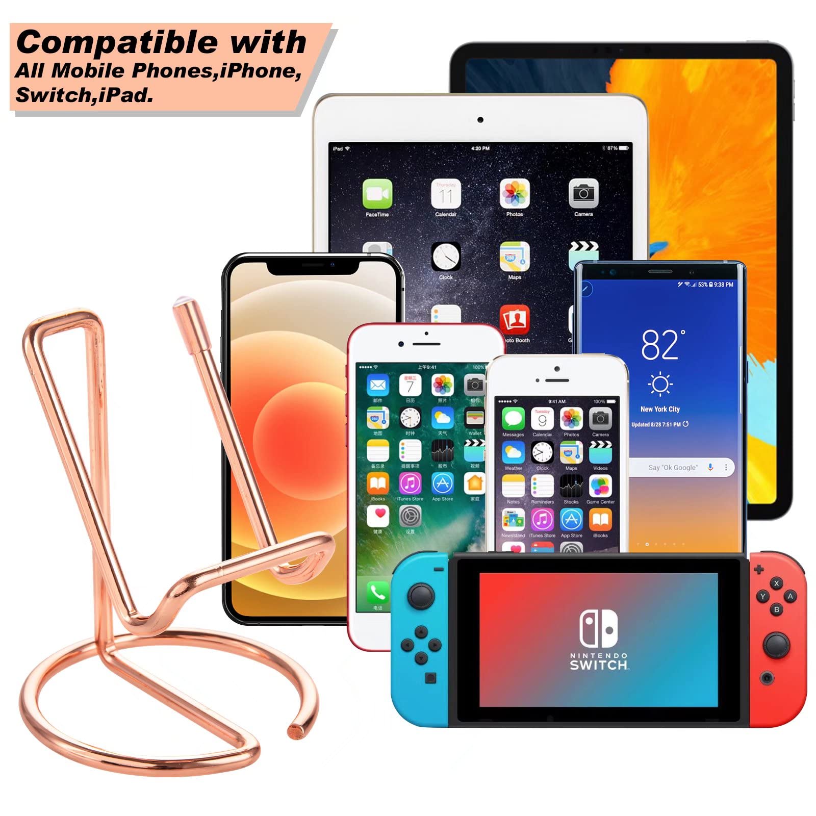 Roposy 2 Pack Cell Phone Stand For Desk, Cute Metal Rose Gold Cell Phone Stand Holder Desk Accessories, Compatible With All Mobi