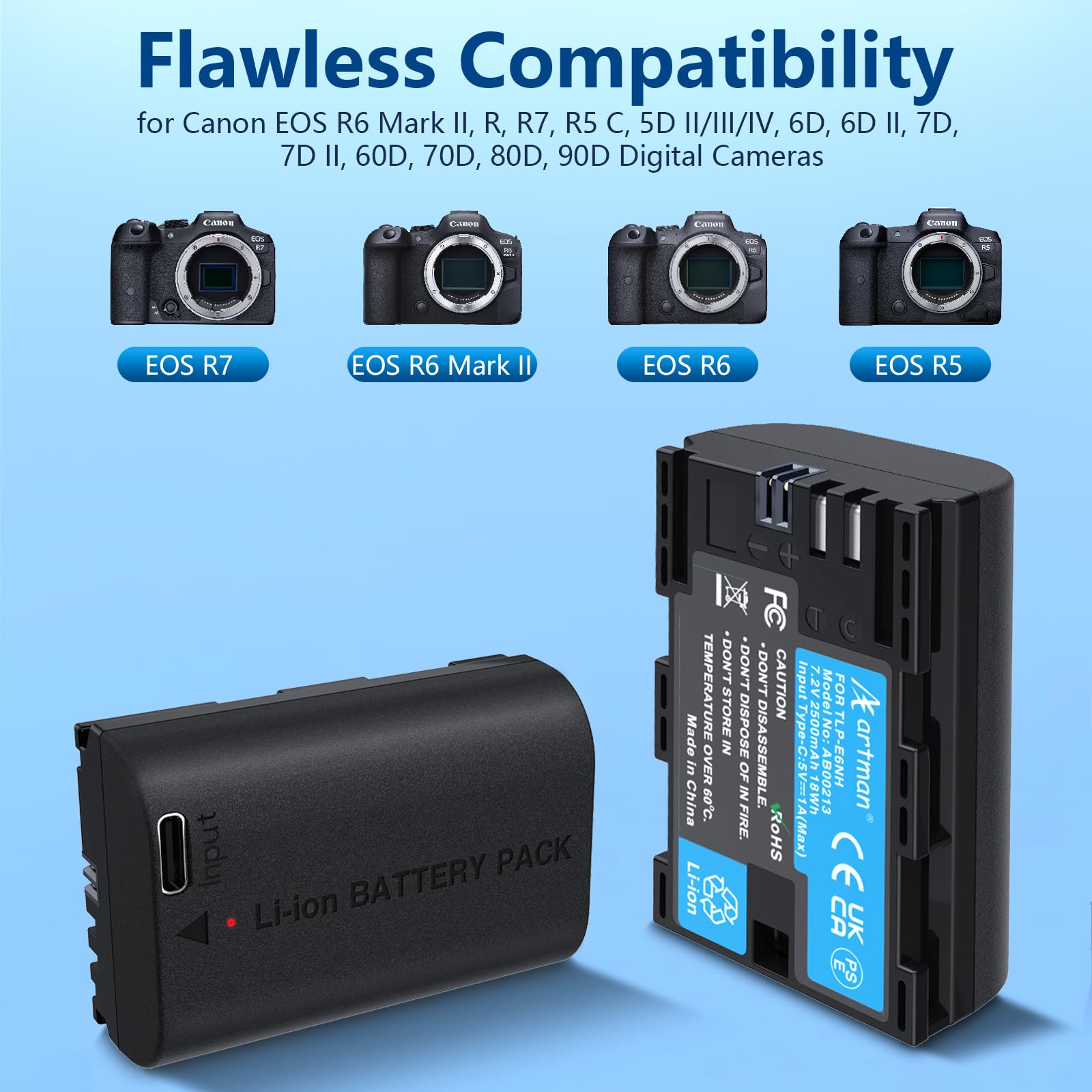 Artman 2 Pack Lp E6 Lp E6Nh Battery 2500Mah With Type C Two Ended Charging Cable For Canon Eos R, R6 Mark Ii, R5, R6, R7, 60D, 7