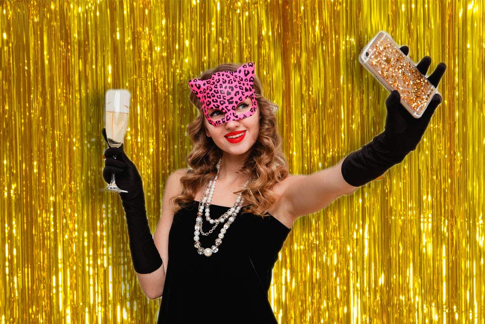 Golden Metallic Fringe Tinsel Curtains Foil Shiny Gold 2 Pack Photo Booth Props 3 Ft X 8 Ft New Years Eve Photo Backdrop Christm