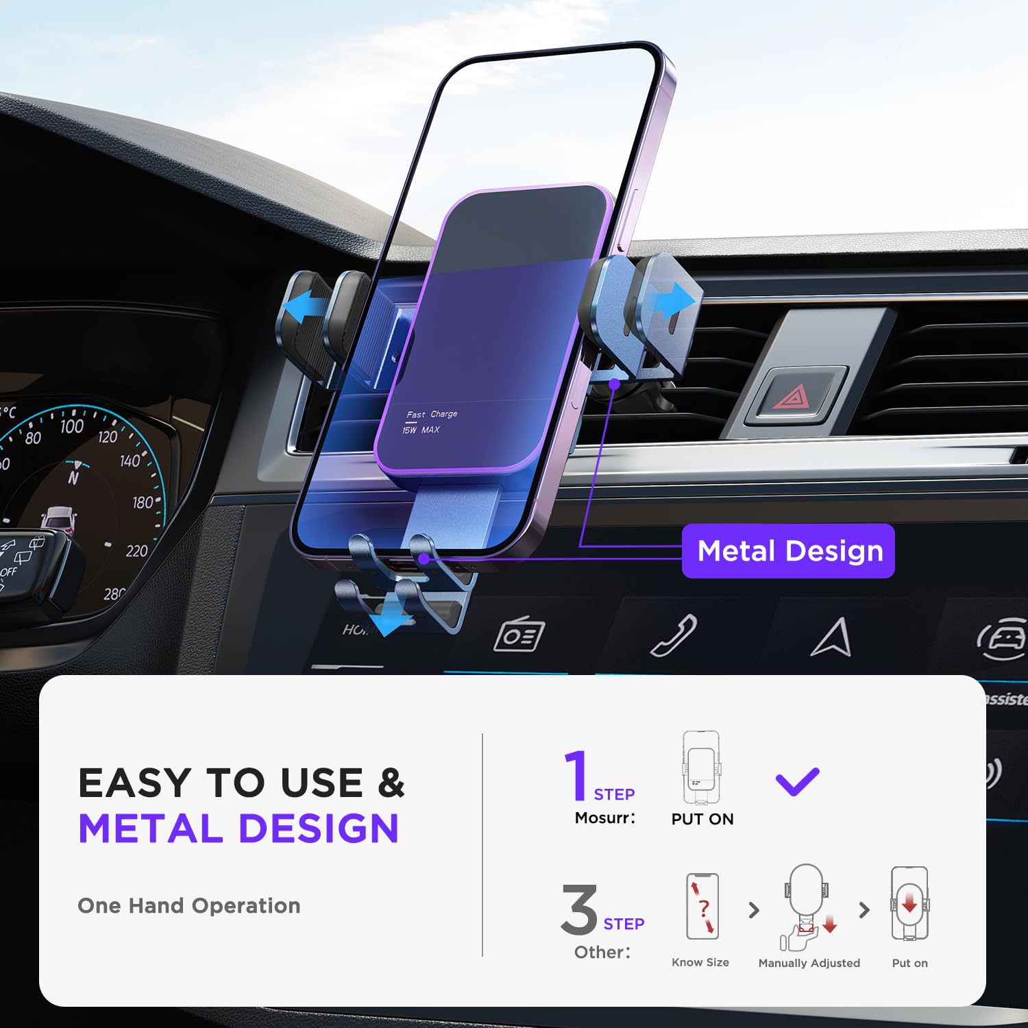 Wireless Car Charger,?7 Colored Led Backlit?15W Auto Clamping Car Charger Phone Mount Holder Fit For Iphone 14 13 12 Mini Pro Ma