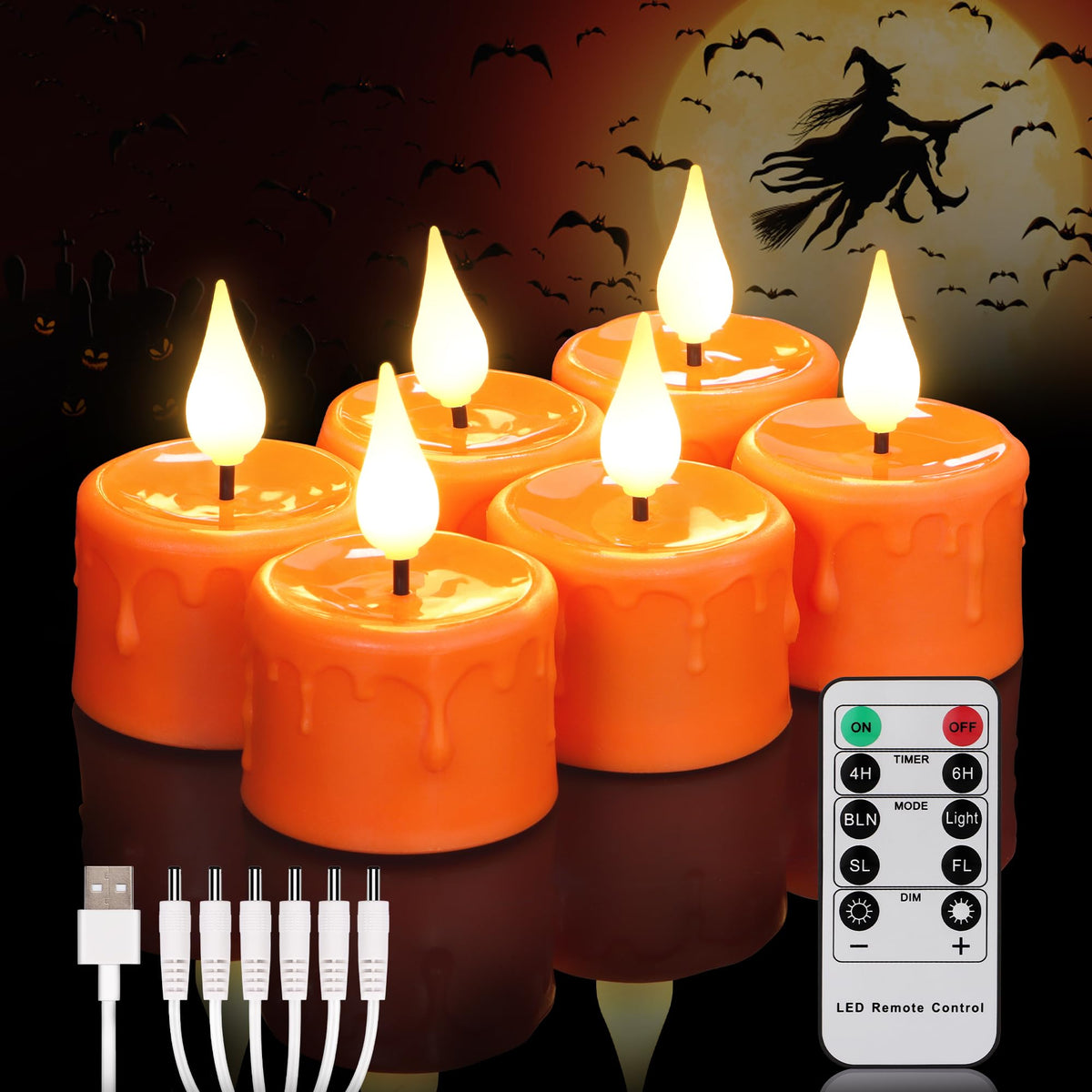 Freepower Orange Halloween Candles,Rechargeable Flameless Candles With Remote Timer, Soft 3D Wick Led Tealights Candles, Recharg