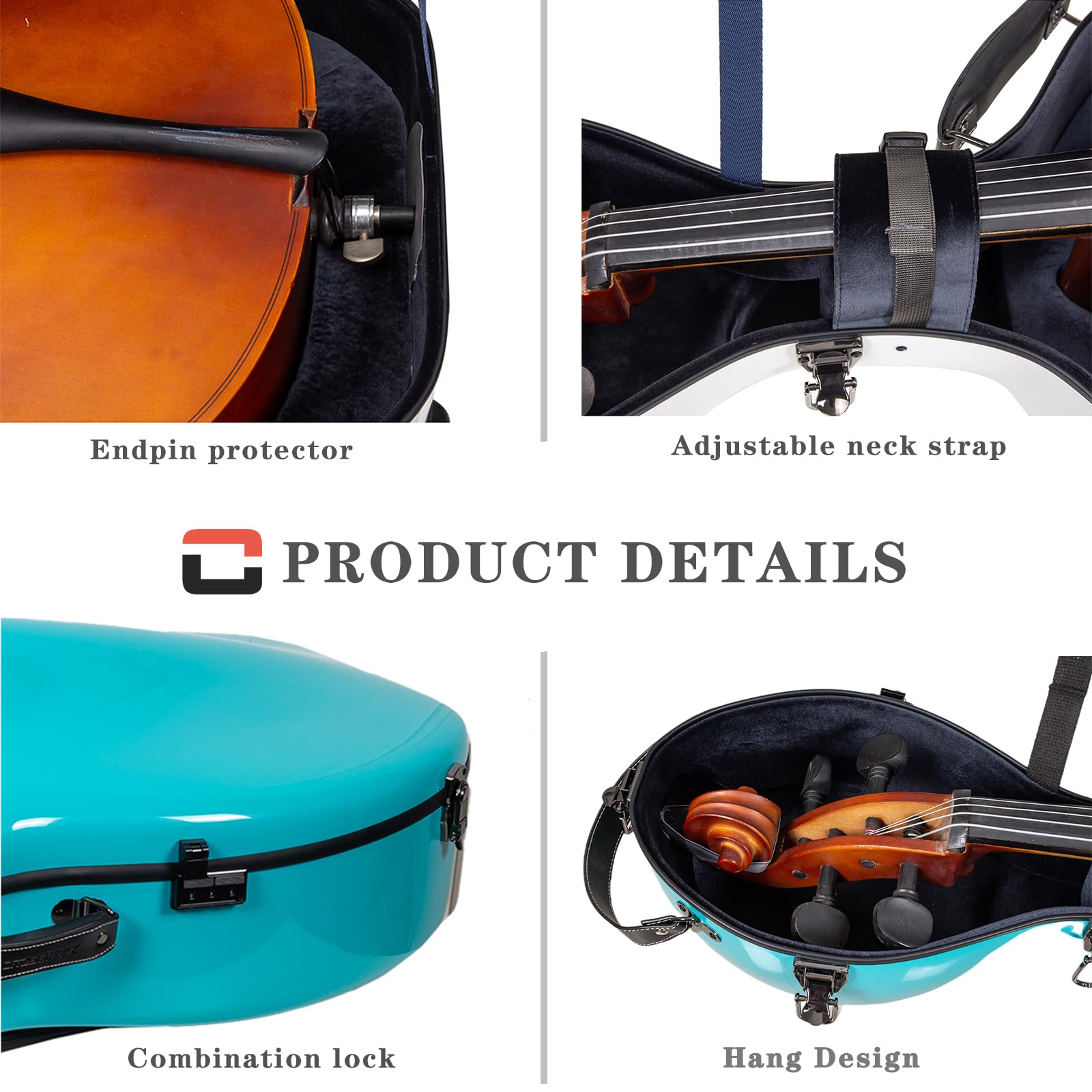 Crossrock Fiberglass Case For 4/4 Full Size Cello With Wheels & Removable Shoulder Straps Mint Blue (Crf1020Cefmb)