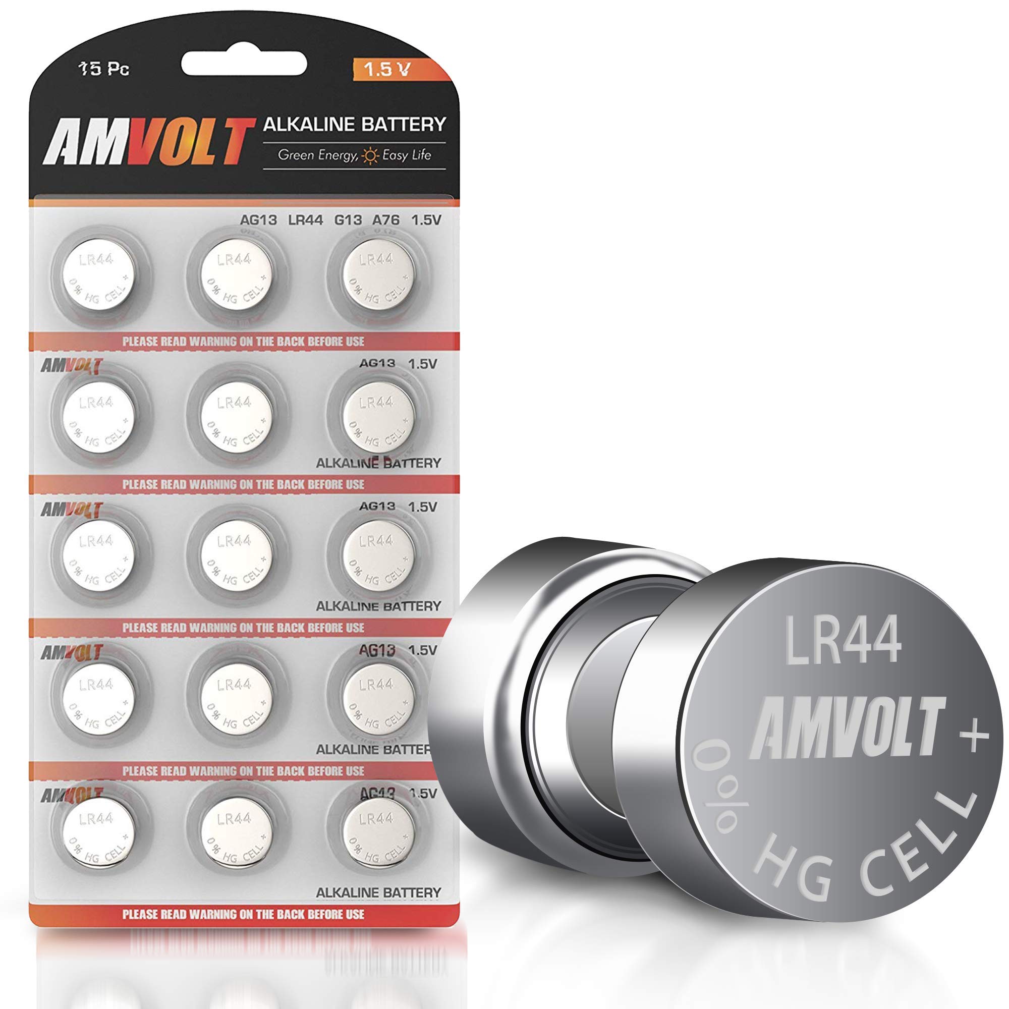 Amvolt  Pack Of 15 Lr44 Batteries Ag13 Sr44 357 303 Premium Alkaline Non Rechargeable Button Battery, 1.5 Volt Small Batteries F