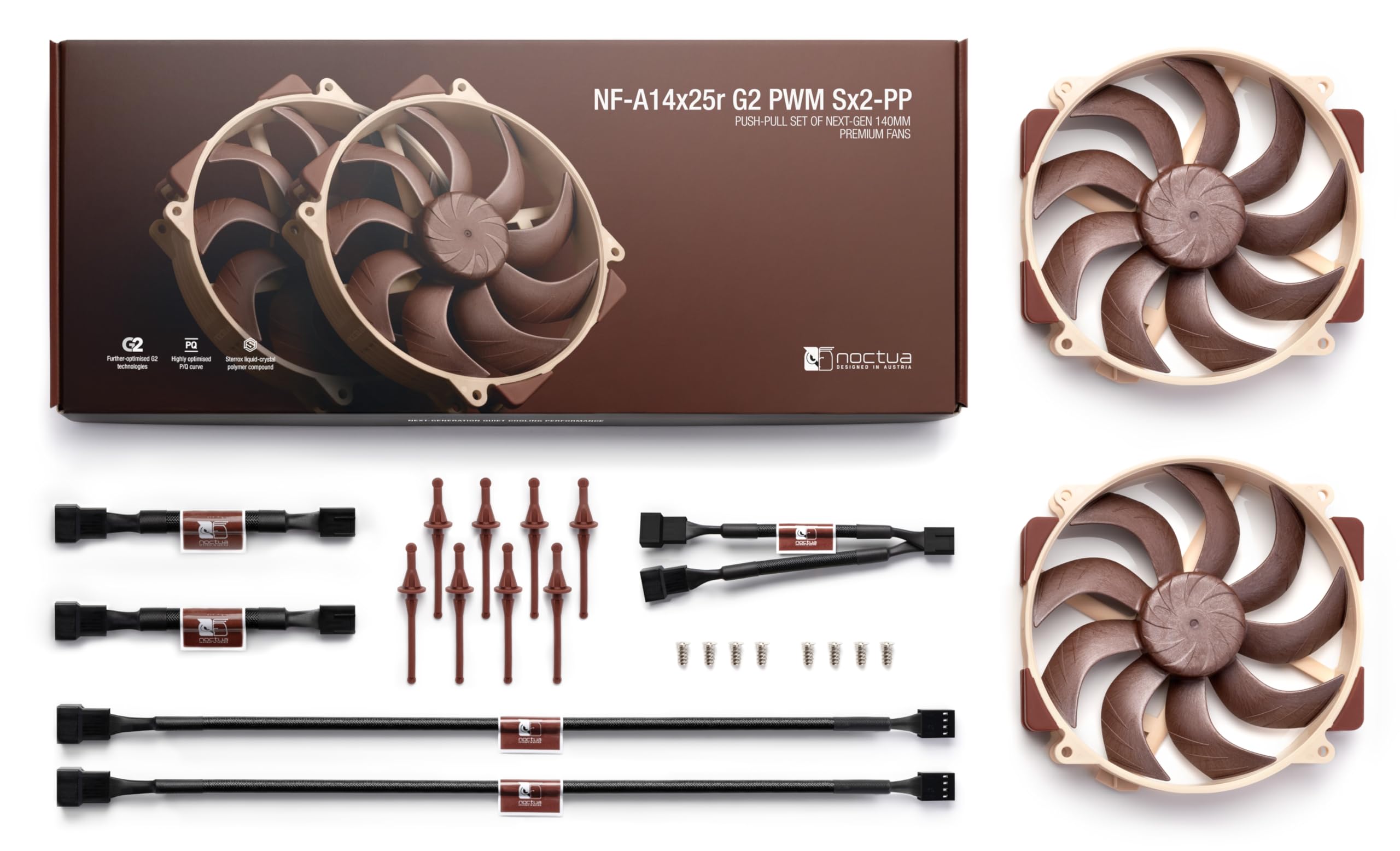 Noctua Nf-A14X25R G2 Pwm Sx2-Pp, Push-Pull Set Of Two Premium-Quality Quiet 140Mm Pc Fans (Brown)