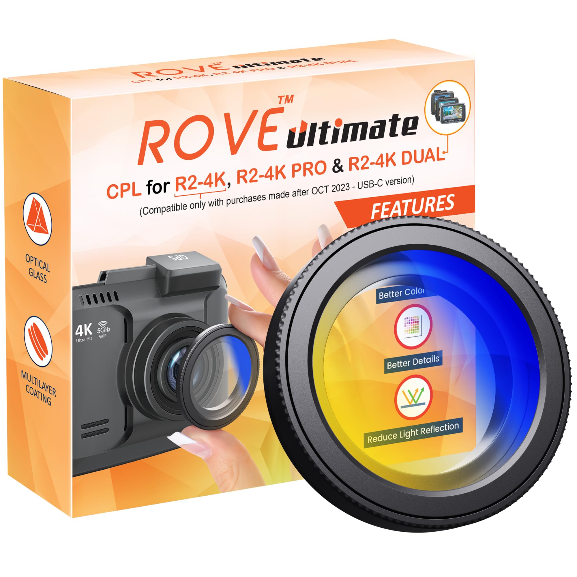 Rove Ultimate Cpl Filter, Anti Glare Circular Polarizer Lens For Rove R2 4K, R2 4K Pro, And R2 4K Dual Dash Cam Models