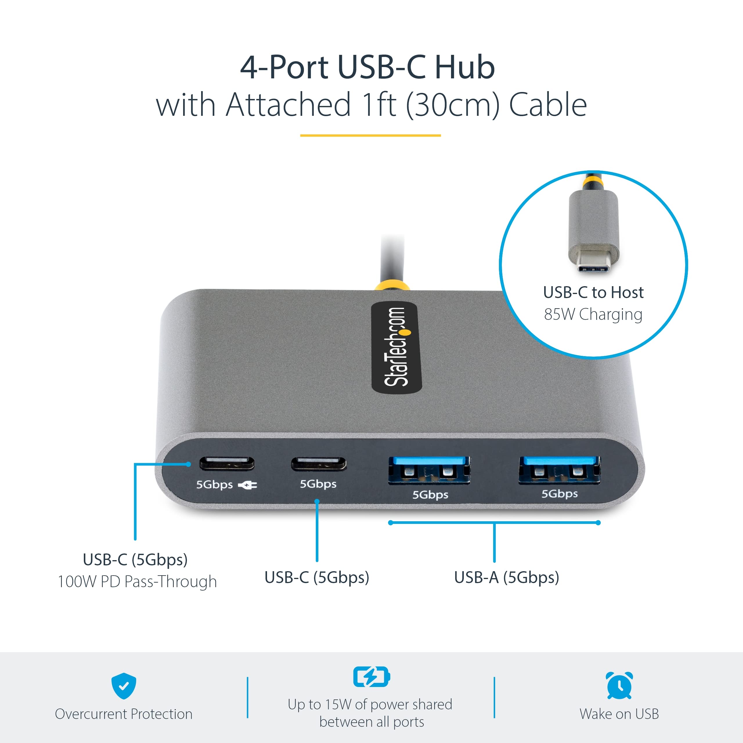 Startech.Com 4 Port Usb C Hub With 100W Power Delivery Pass Through   2X Usb A + 2X Usb C   5Gbps   1Ft (30Cm) Long Cable   Port