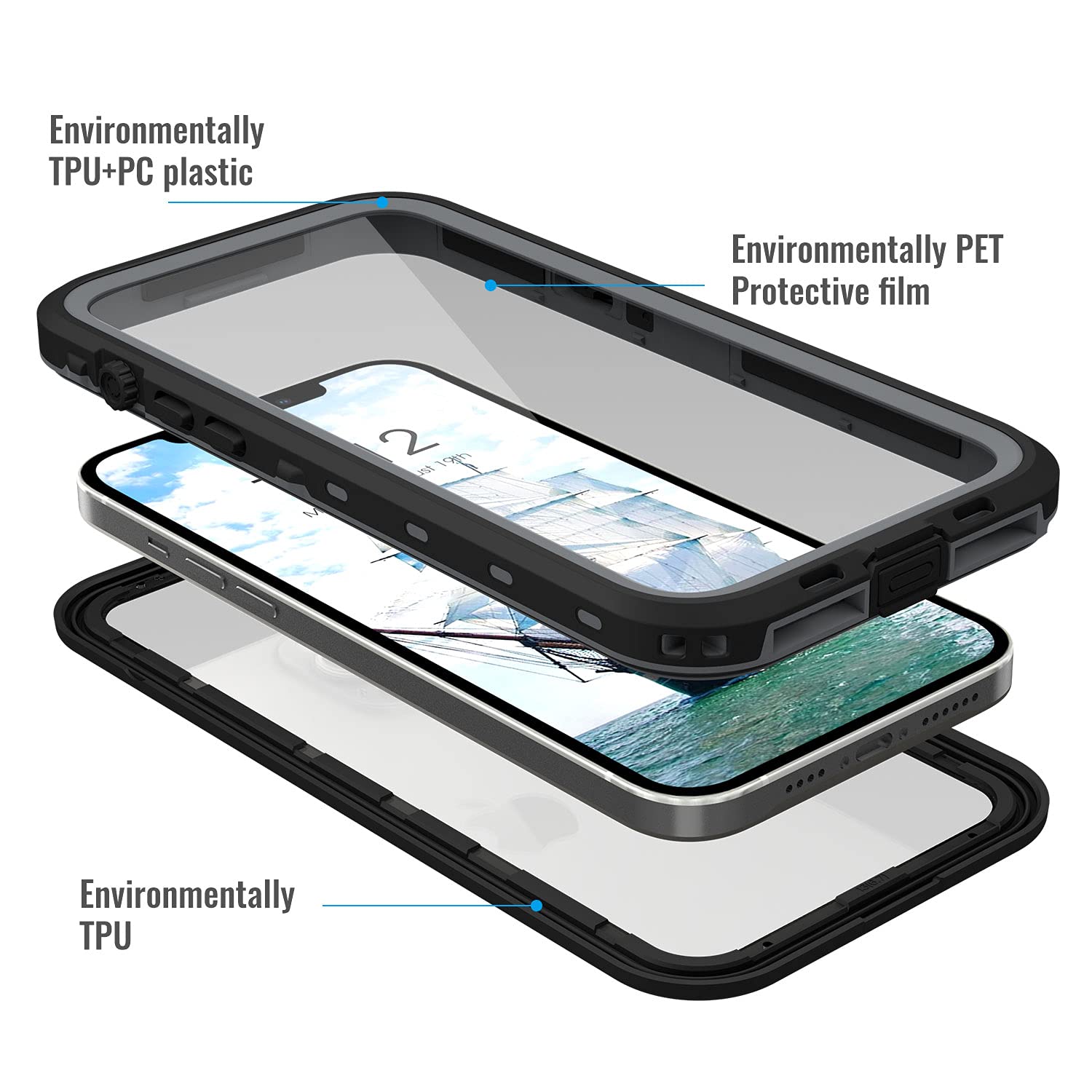 Transy Iphone 13 Pro Waterproof Case   6.1 Inch Full Body, Shockproof, Dustproof With Lanyard (Black)