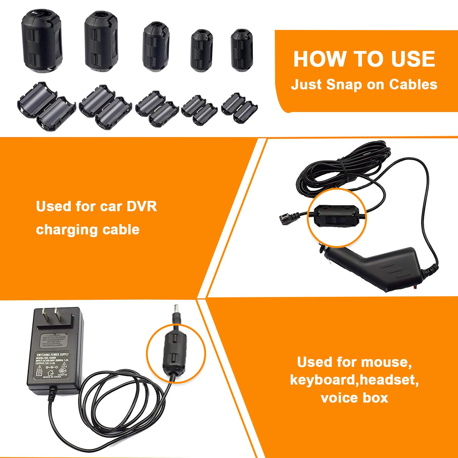 Huarew 60 Pcs Black Clip On Ferrite Ring Core Rfi Emi Noise Suppressor Cable Clip For 3 Mm 5Mm 7Mm 9Mm 13Mm Diameter Cable