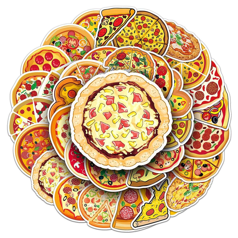 50Pcs Pizza Waterproof Vinyl Stickers Decals For Water Bottles Laptop Luggage Cup Mobile Phone Computer Skateboard Refrigerator