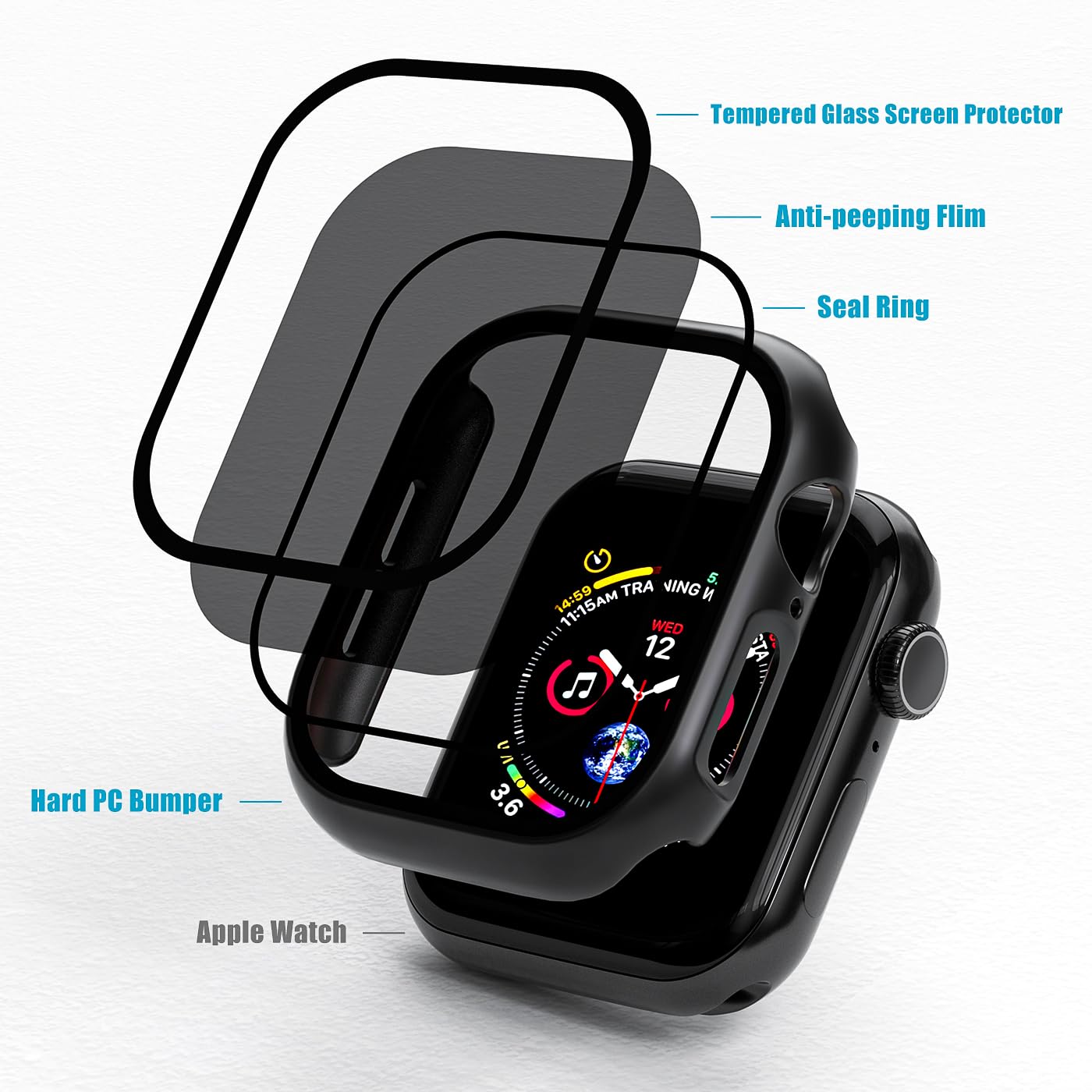 Kuyubminyr 2 Pack Privacy Case For Apple Watch Screen Protector, Anti Spy Tempered Glass Film Apple Watch Cover Hard Pc Case Bum