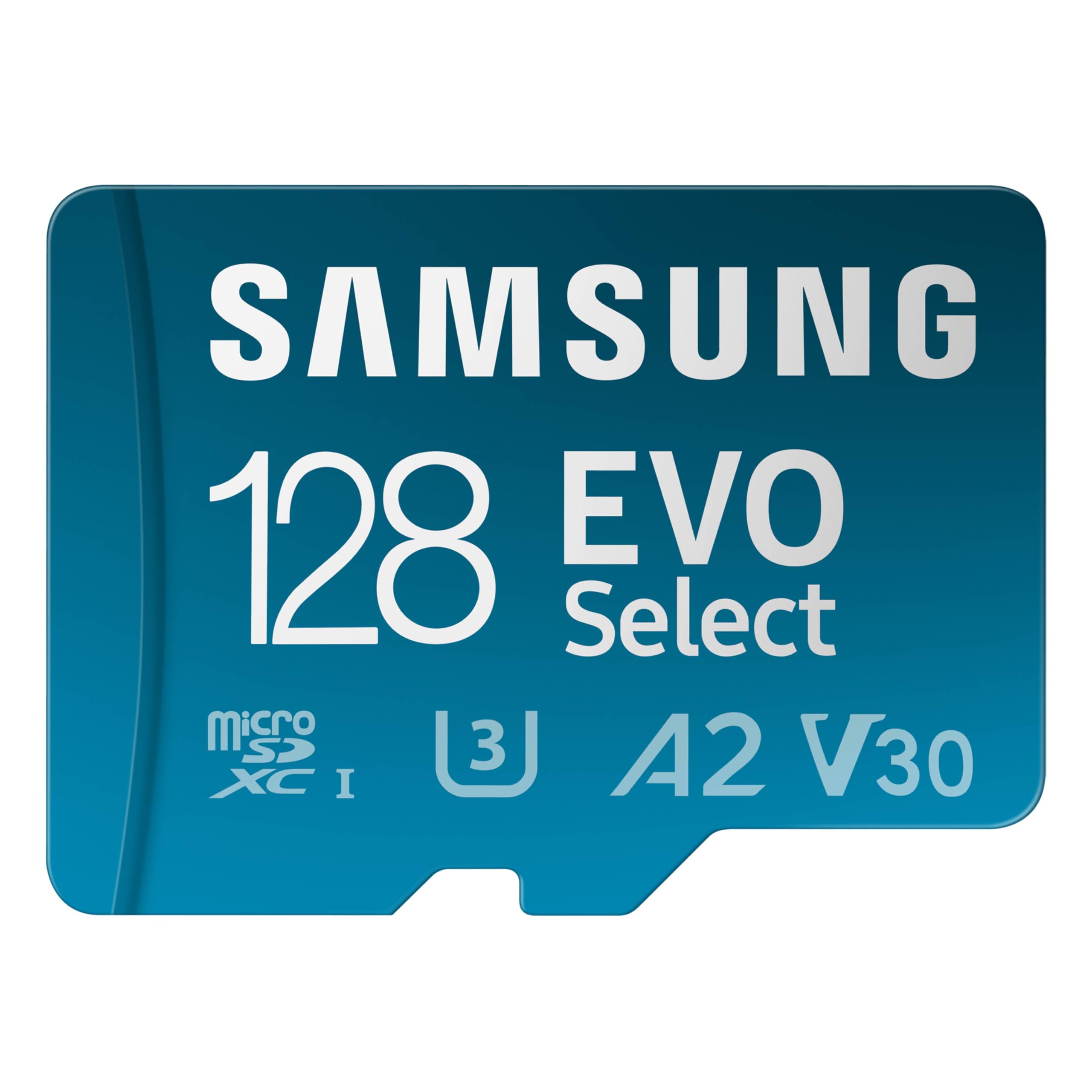 SAMSUNG EVO Select microSD Memory Card + Adapter, 128GB microSDXC, Up to 160 MB/s, UHS I, C10, U3, V30, A2, for Mobile Phone, Sm