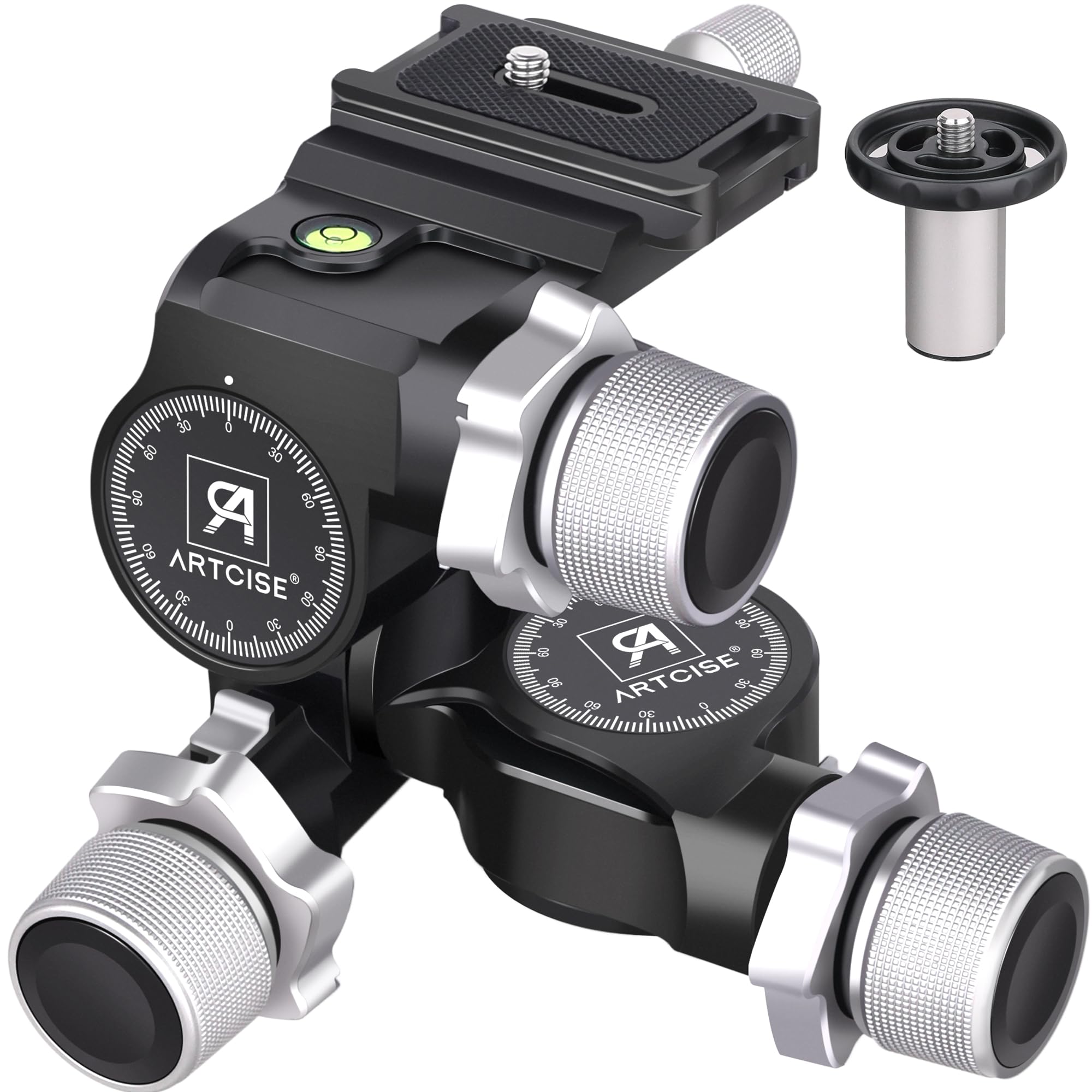 Artcise 3 Way Geared Tripod Head With Arca Type Qr Plate,Supports Millimeter Micro Adjustment, 3 Axis Pan/Tilt Fluid Head With Large/Fine Quick Switch Dual Mode, Max Load11Lb