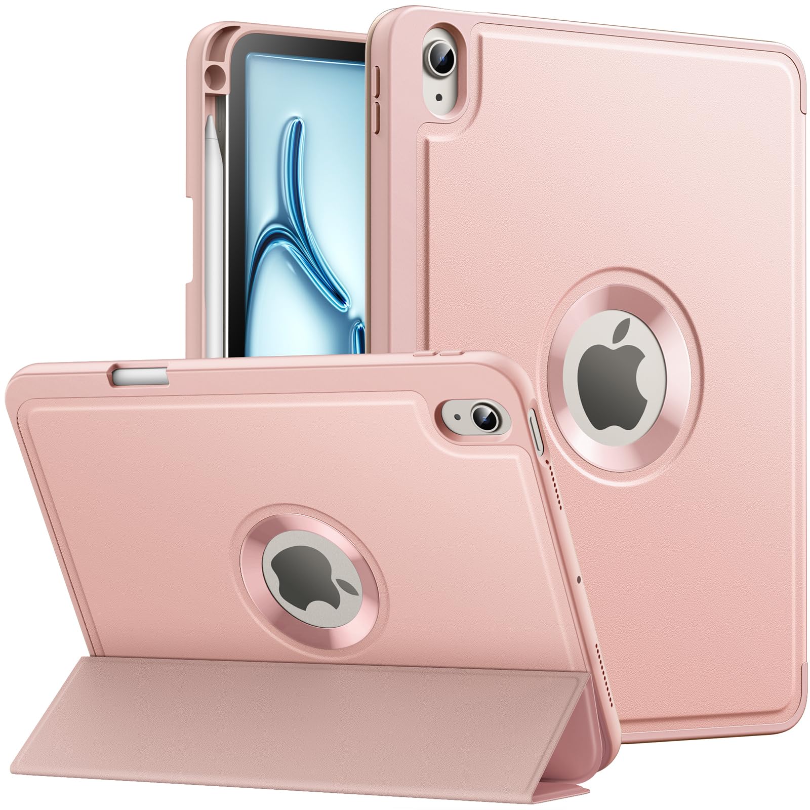 MoKo for iPad Air 11 Inch Case (M2) 2024, iPad Air 6th Generation Case/iPad Air 5th/4th Gen 2022/2020 with Pencil Holder, Smart Trifold Protective iPad Case, Hollow Logo/Auto Wake/Sleep, Rose Gold