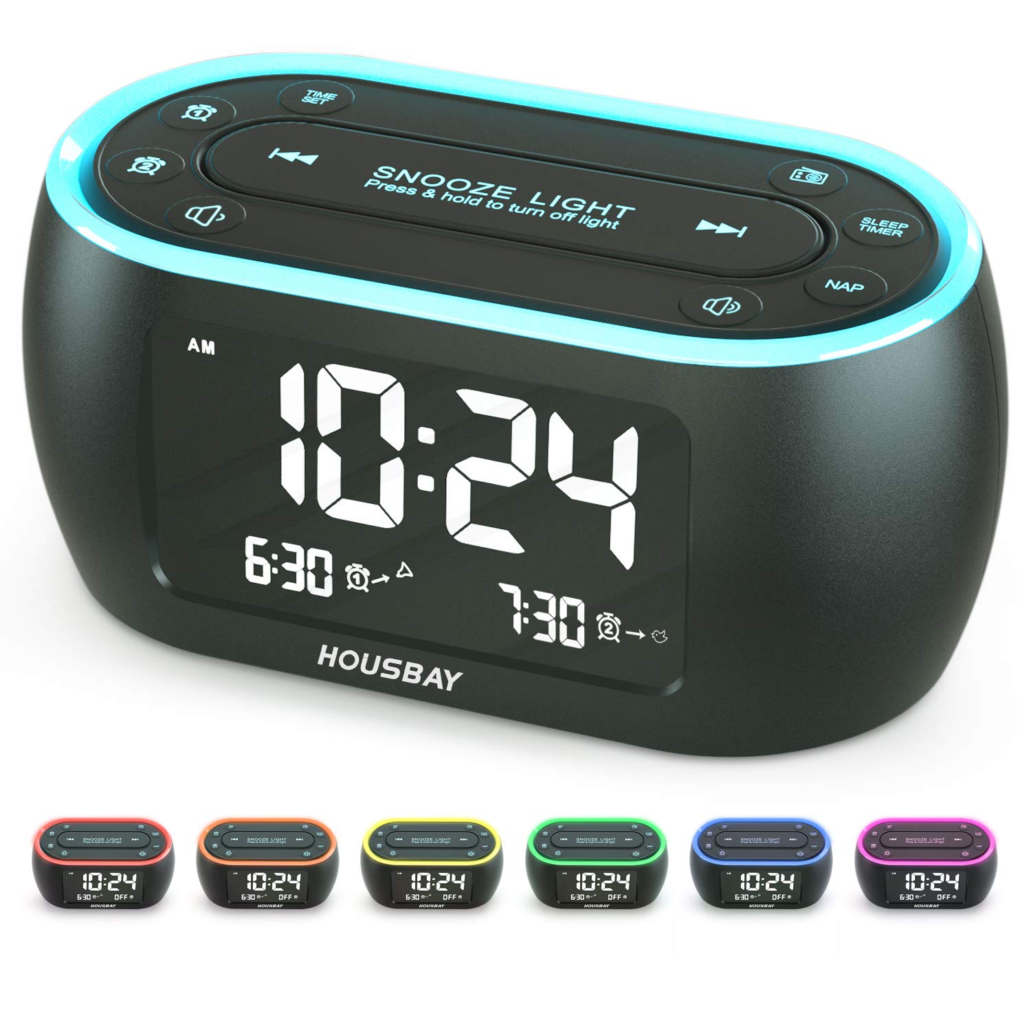 Housbay Glow Small Alarm Clock Radio For Bedrooms With 7 Color Night Light, Dual Alarm, Dimmer, Usb Charger, Battery Backup, Nap