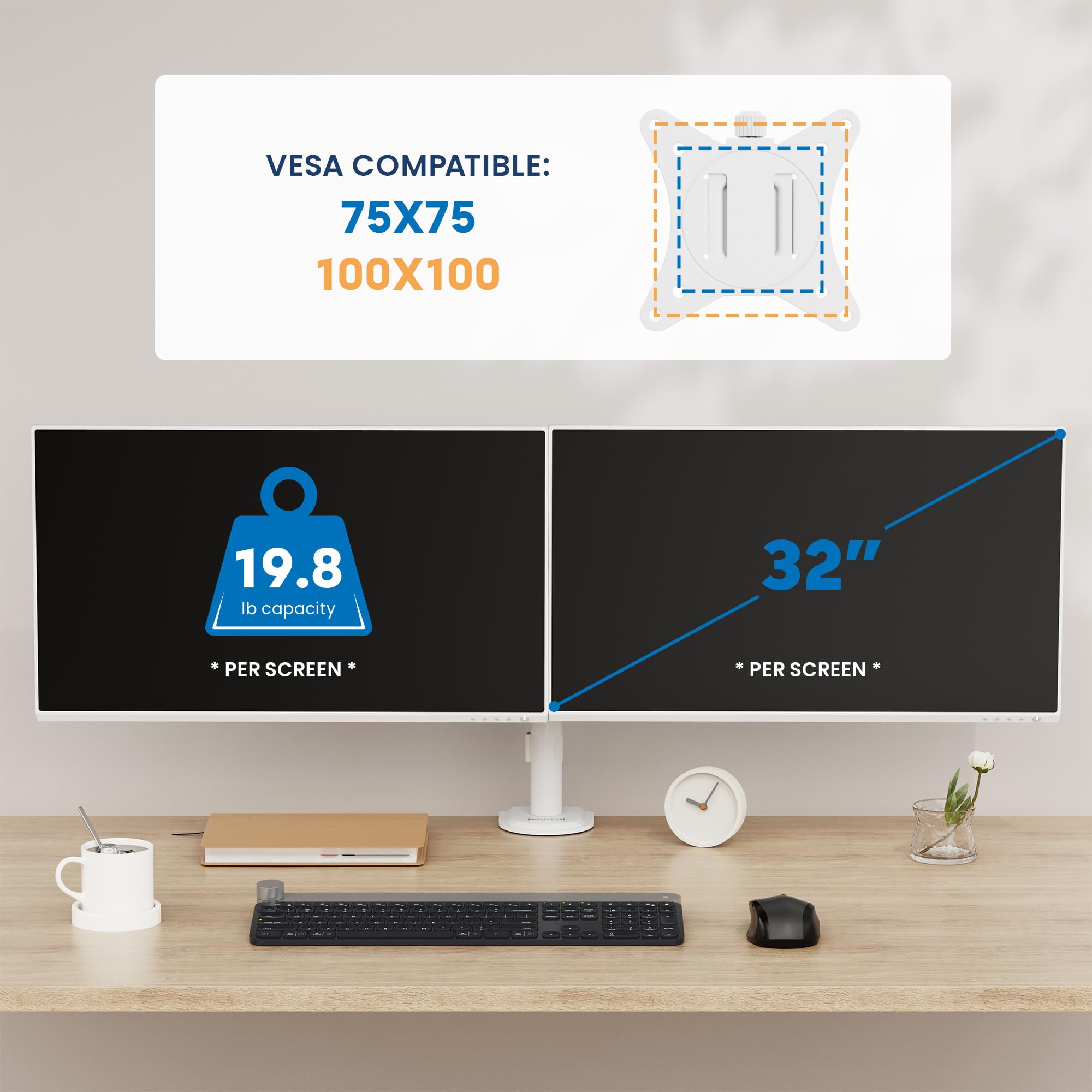 Mount It! Dual Monitor Mount for Desk, Adjustable Tilt Swivel on Double Monitor Mounts for Screens up to 32�, Dual Monitor Arms for 2 Monitors, VESA 75x75 and 100x100 C clamp & Grommet in White
