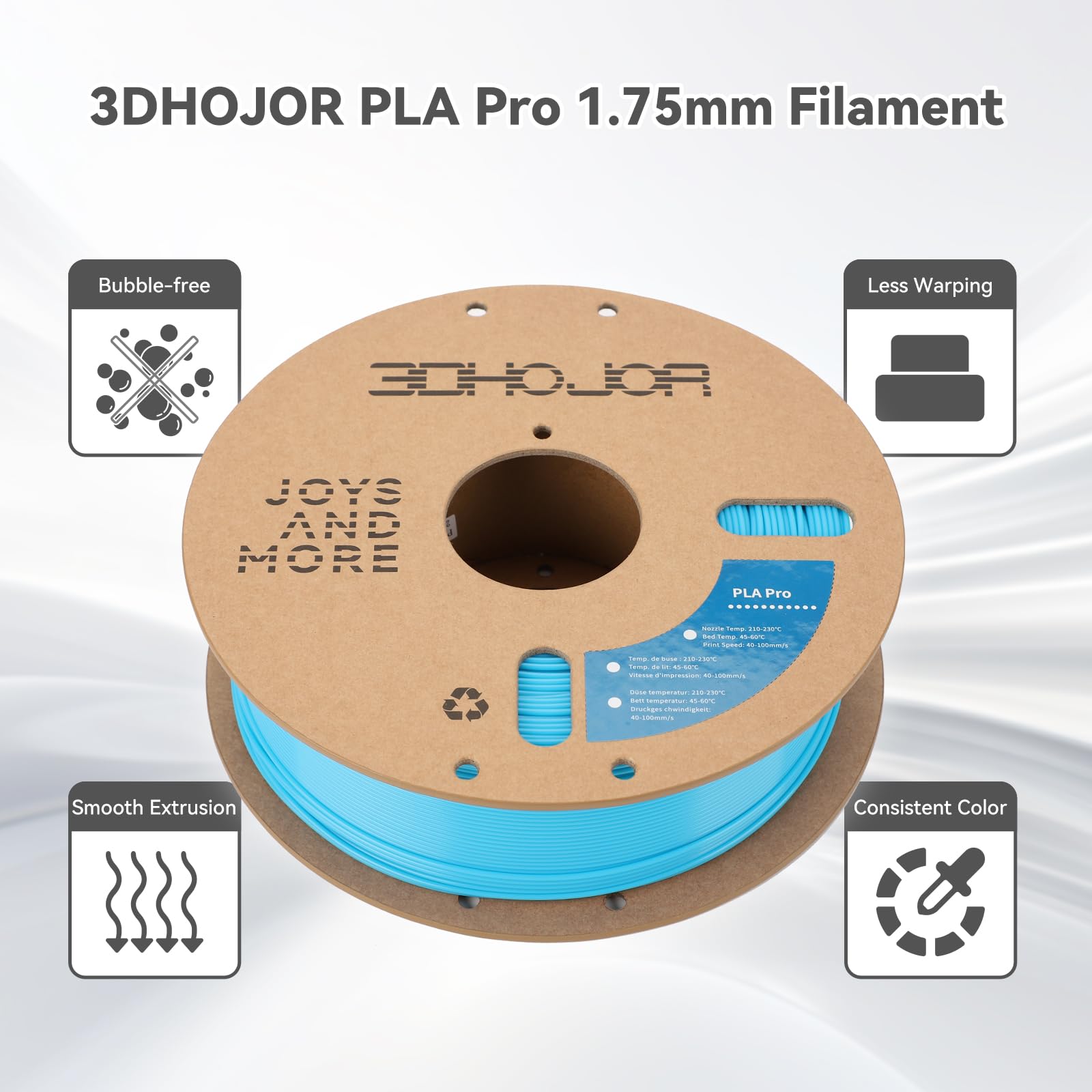 3Dhojor Pla Pro (Pla+) Filament 1.75Mm, 3D Printer Filament, Cardboard Spool, Dimensional Accuracy +/- 0.03 Mm-Light Blue, 1Kg