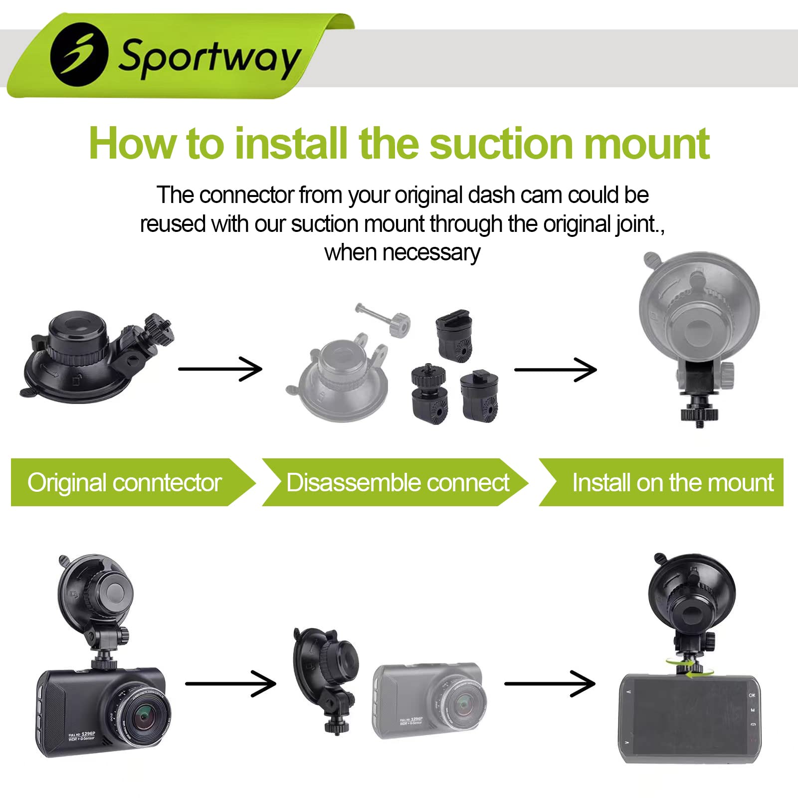 Sportway S501 Dash Cam Suction Mount Holder (5Th Gen), Replaceabled Joint For Chortau Oldshark Niuta Boogiio Orskey Abask And Mo