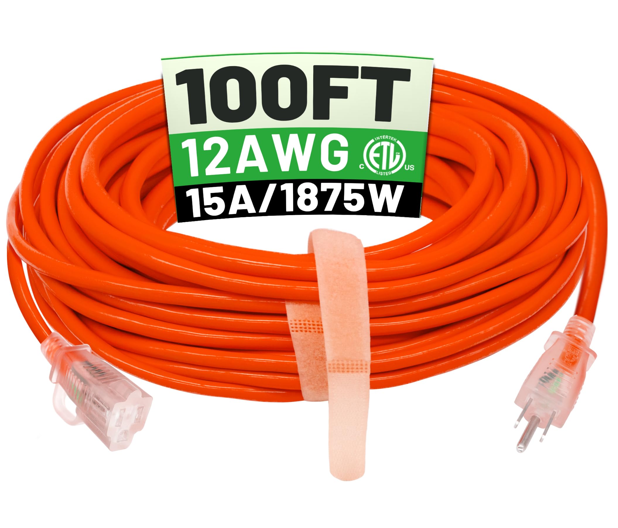 Powgrn 100 Ft 12/3 Outdoor Extension Cord Waterproof Heavy Duty With Lighted Indicator End 12 Gauge 3 Prong, Flexible Cold Resis