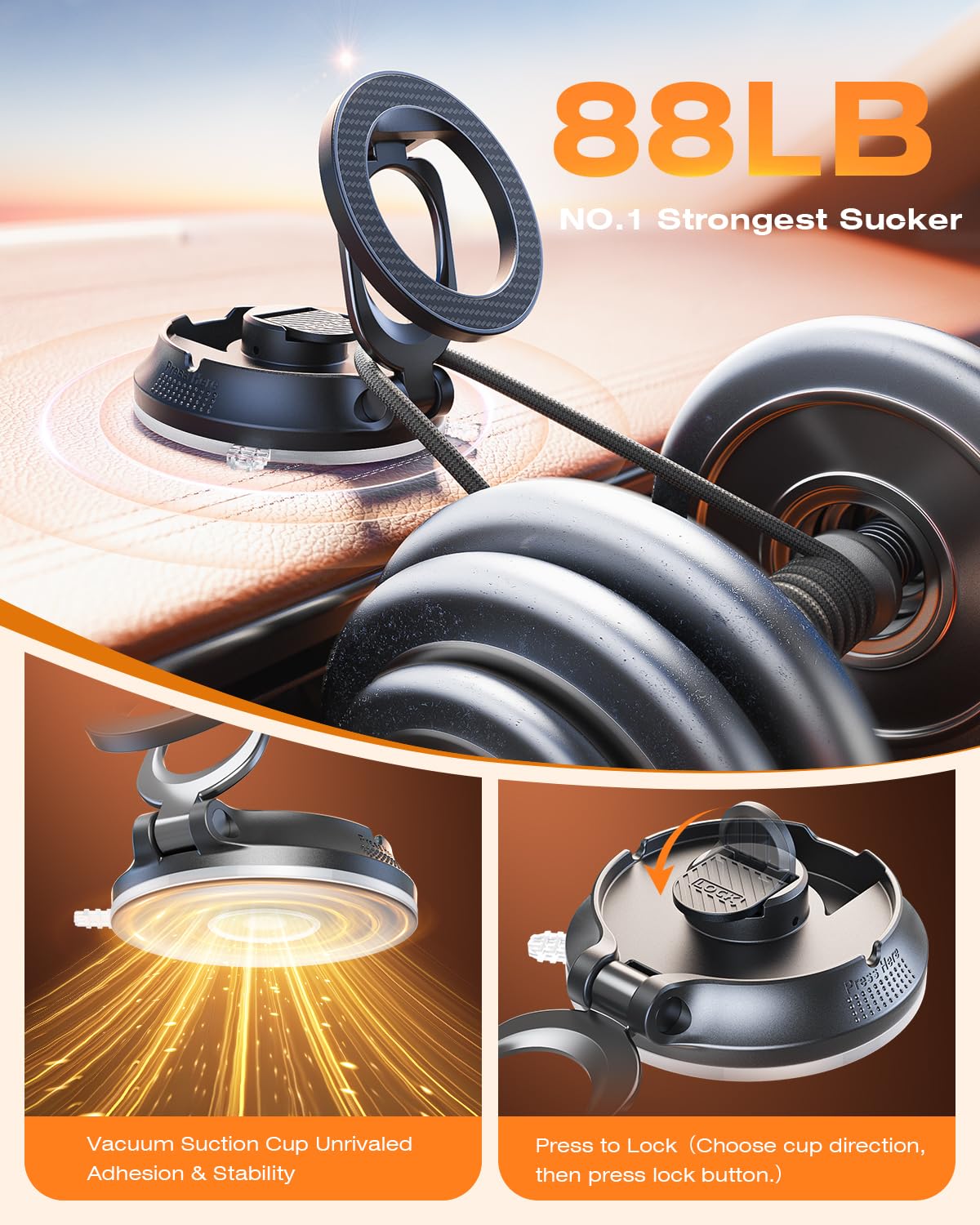 Superone For Magsafe Car Mount [88Lbs Powerful Suction] Magnetic Phone Holder For Car Dash Windshield, Suction Cup Phone Mount F