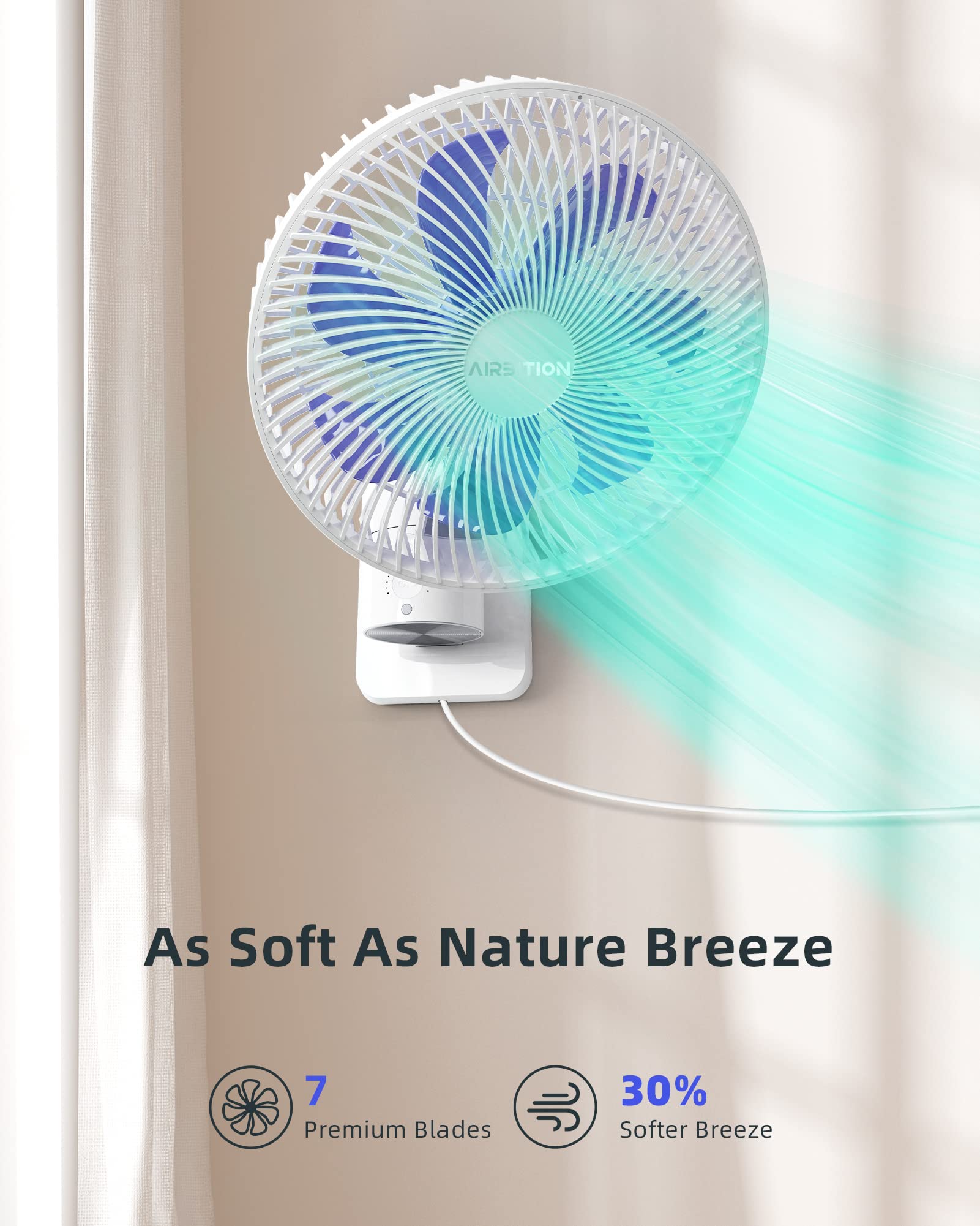 Airbition 8    Small Wall Mount Fan With Remote Control, 90Oscillating, 4 Speeds, Timer, Included 120 Adjustable Tilt, High Velo
