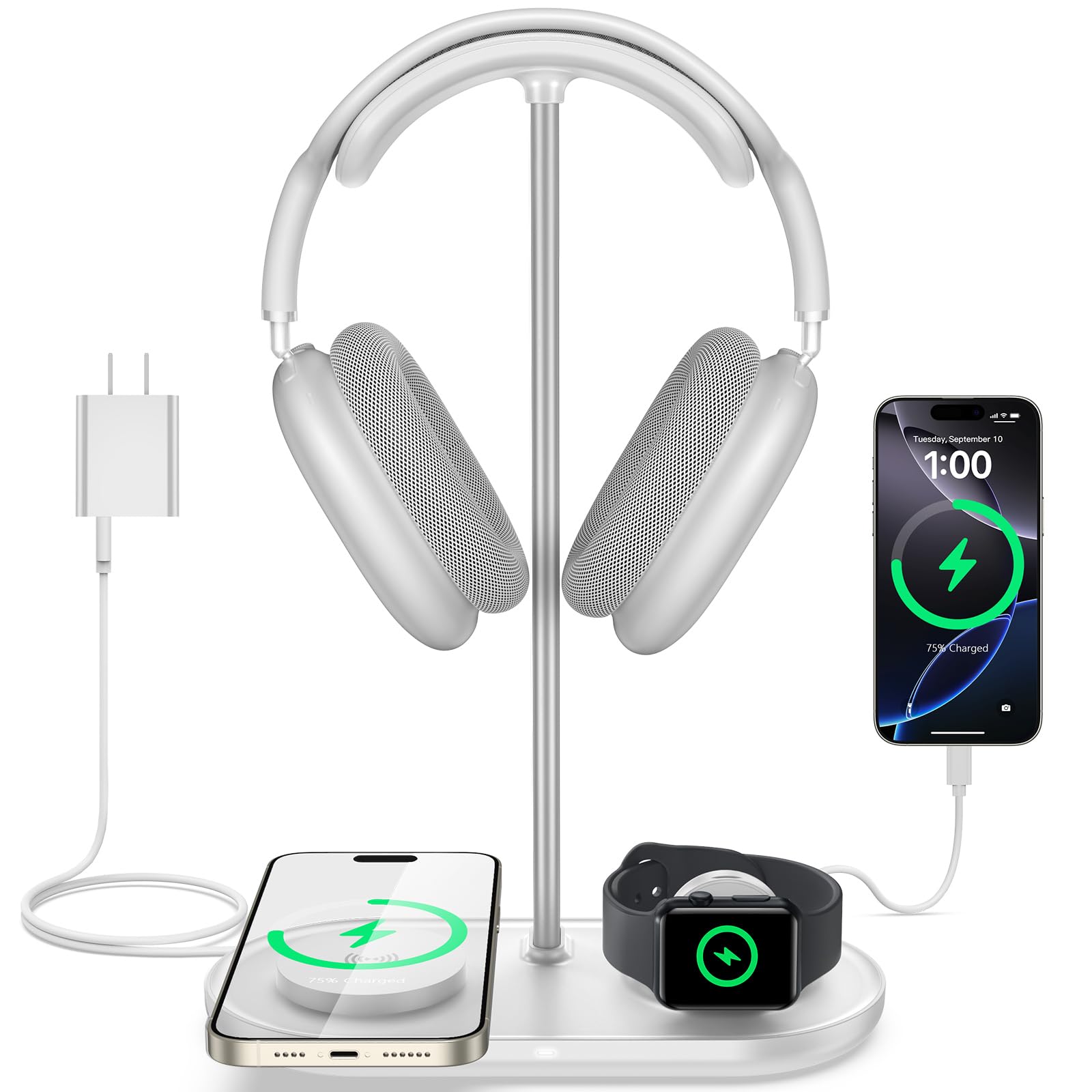 TopMade 5 in 1 Headphone Stand for Desk with Wireless Charger & USB Charging for iPhone/AirPods/iWatch, Universal Desktop Gaming