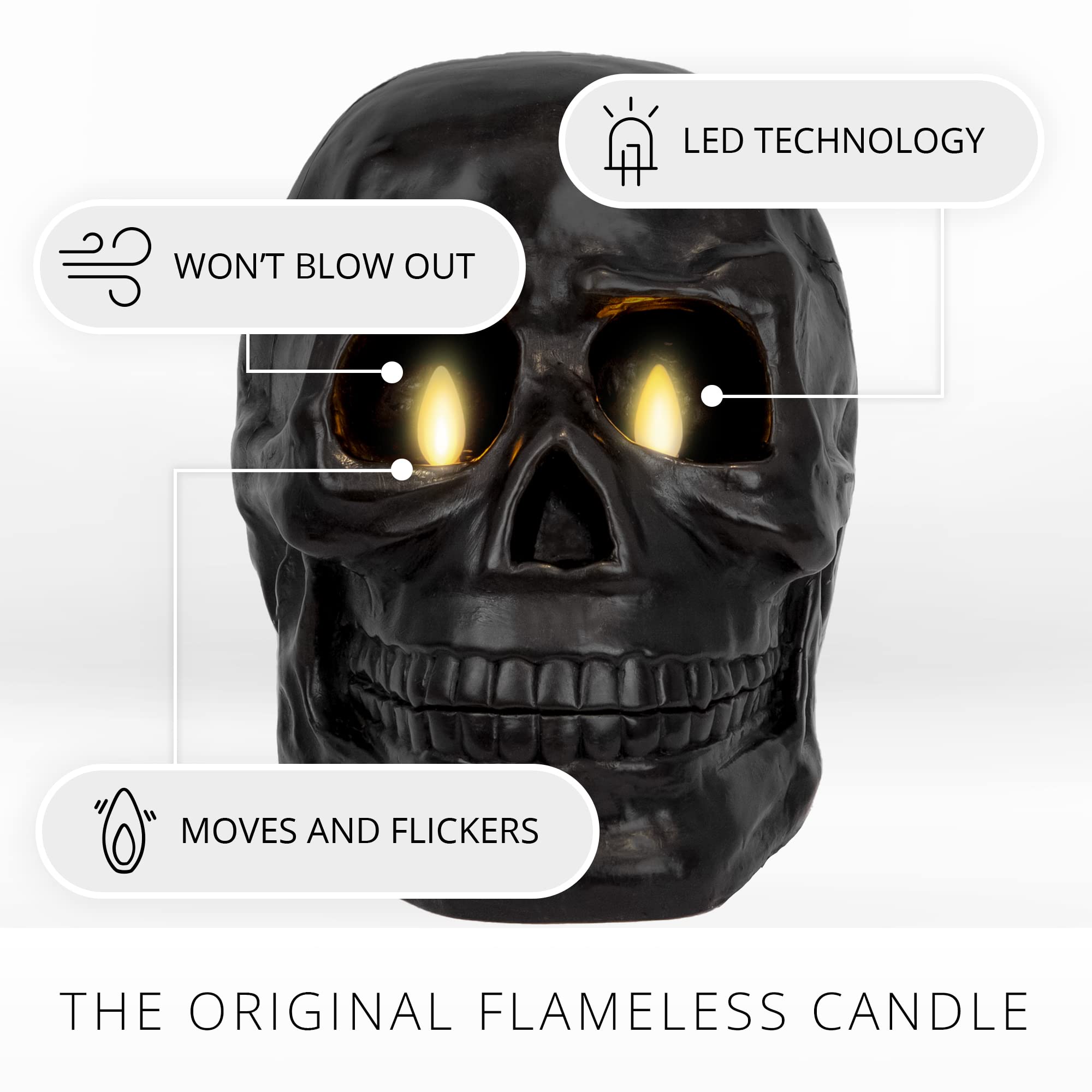 Luminara Flameless Dual Moving Flame Large Skeleton Skull Figural (5.85'' X 7.5'') Real Wax Led Candle, Unscented, Timer   Black
