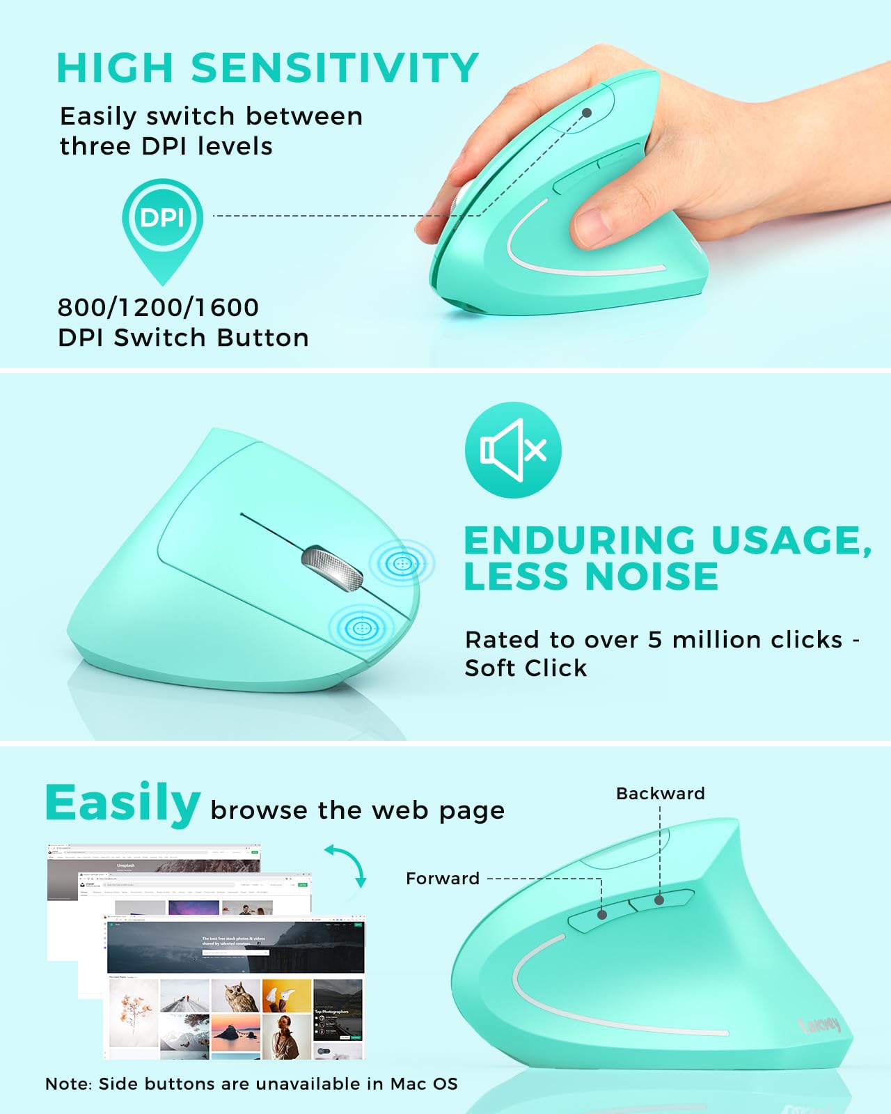 Lekvey Ergonomic Mouse, Vertical Wireless Mouse Rechargeable 2.4 Ghz Optical Carpal Tunnel Mouse : 800/1200 / 1600 Dpi, 6 Button