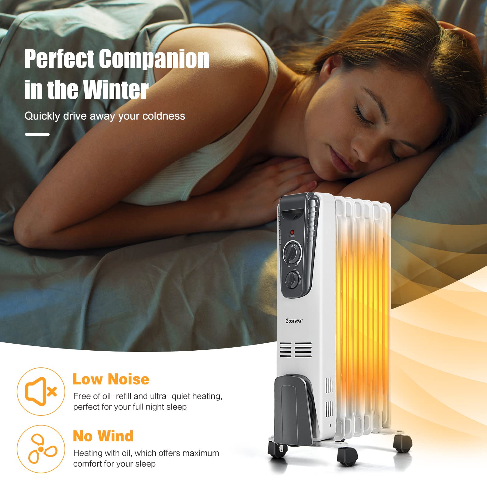 Costway Oil Filled Radiator Heater, 1500W Portable Space Heater With Adjustable Thermostat, 3 Heat Settings, Overheat And Tip Ov