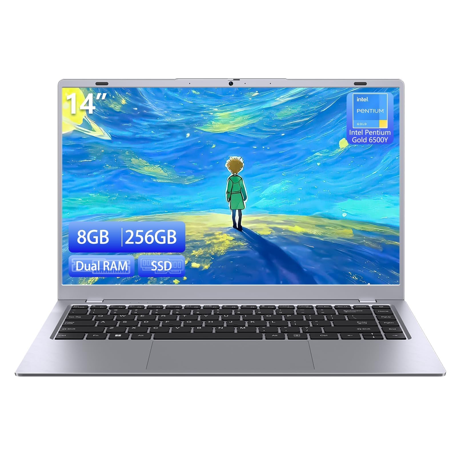 RNRUO 2026 Silver Laptop, Pentium Gold 6500Y Processor(Up to 3.4GHz),8GB RAM 256GB SSD,14 Inch FHD IPS Display, 5000mAh Battery,