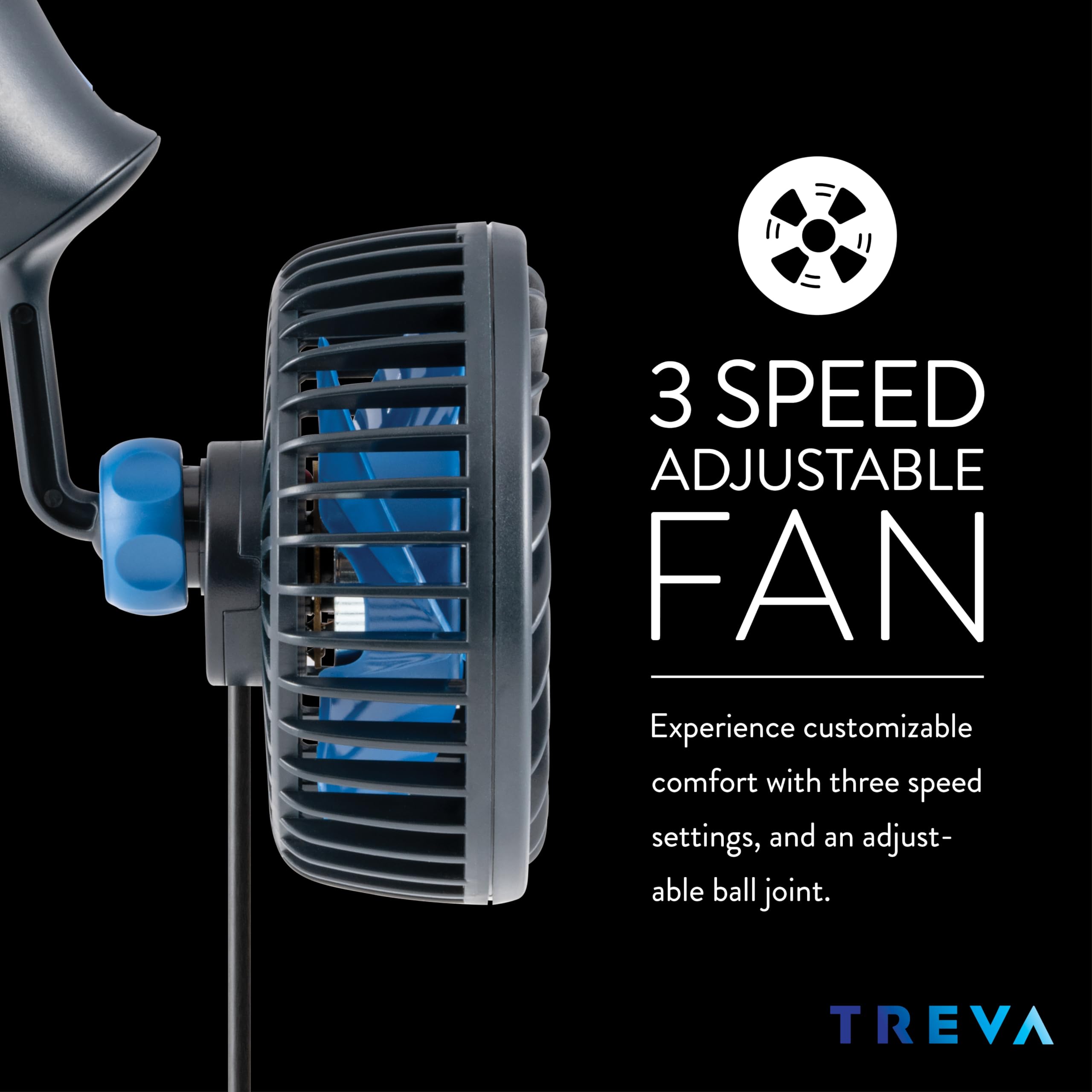 Treva 3.5 Inch Usb Powered Fan With Suction Cup, 3 Speed Attachable Fan With Rotating Head For Car, Camping, Travel, Bedroom, Mu