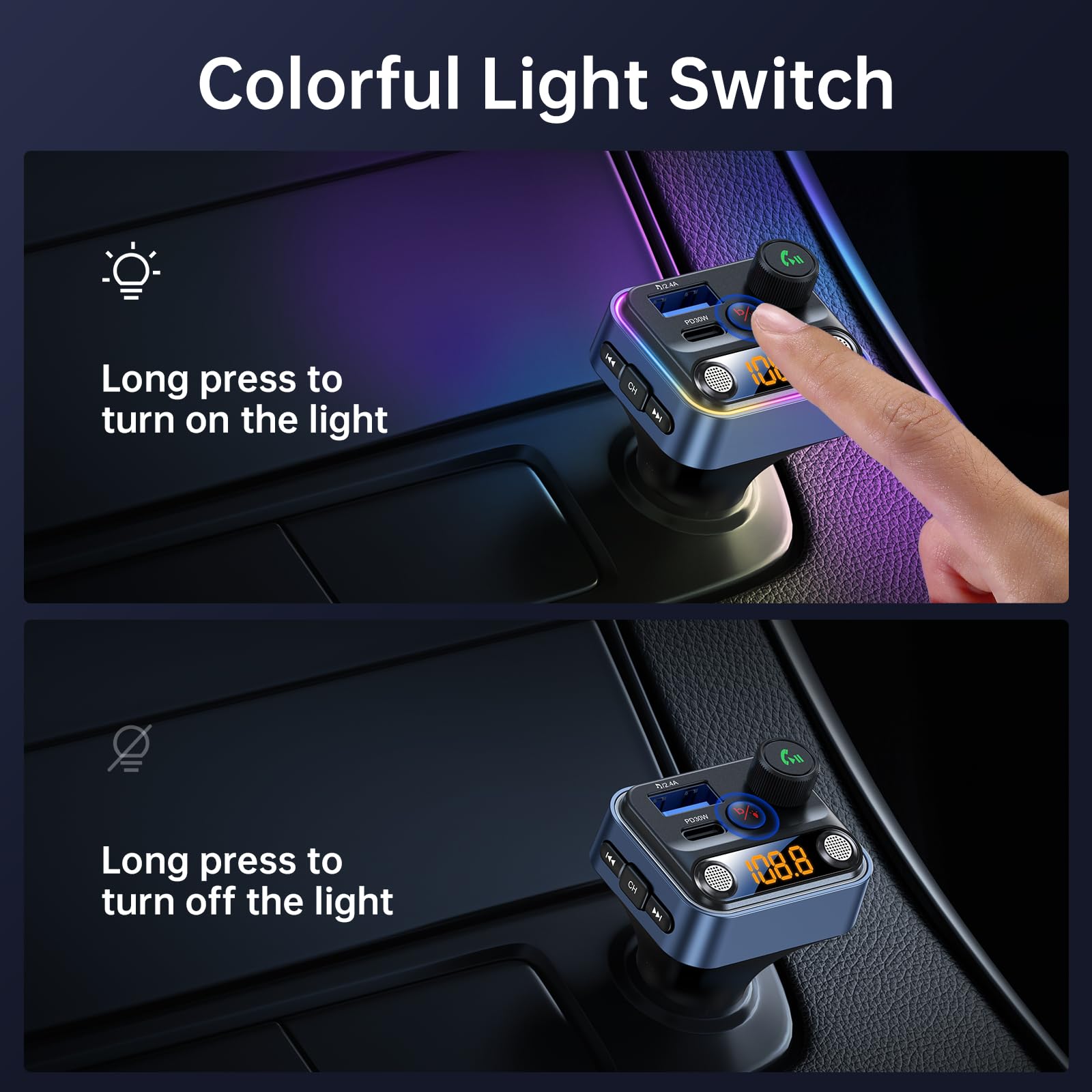 Syncwire Bluetooth 5.4 Fm Transmitter Car Adapter 42W [Light Switch] [Stronger Dual Mics] [Hifi Bass Sound] [Fast Charging] Wire