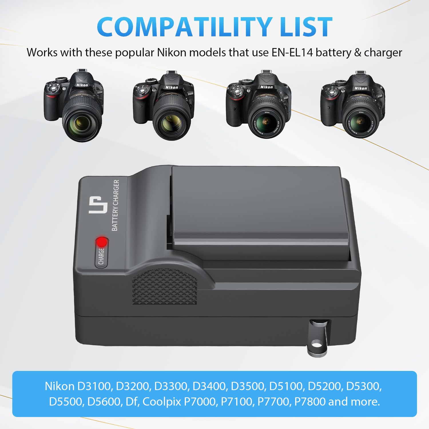 En El14 En El14A Battery Charger Pack, Lp 2 Pack Battery & Charger, Compatible With Nikon D3500, D5600, D3300, D5100, D5500, D31