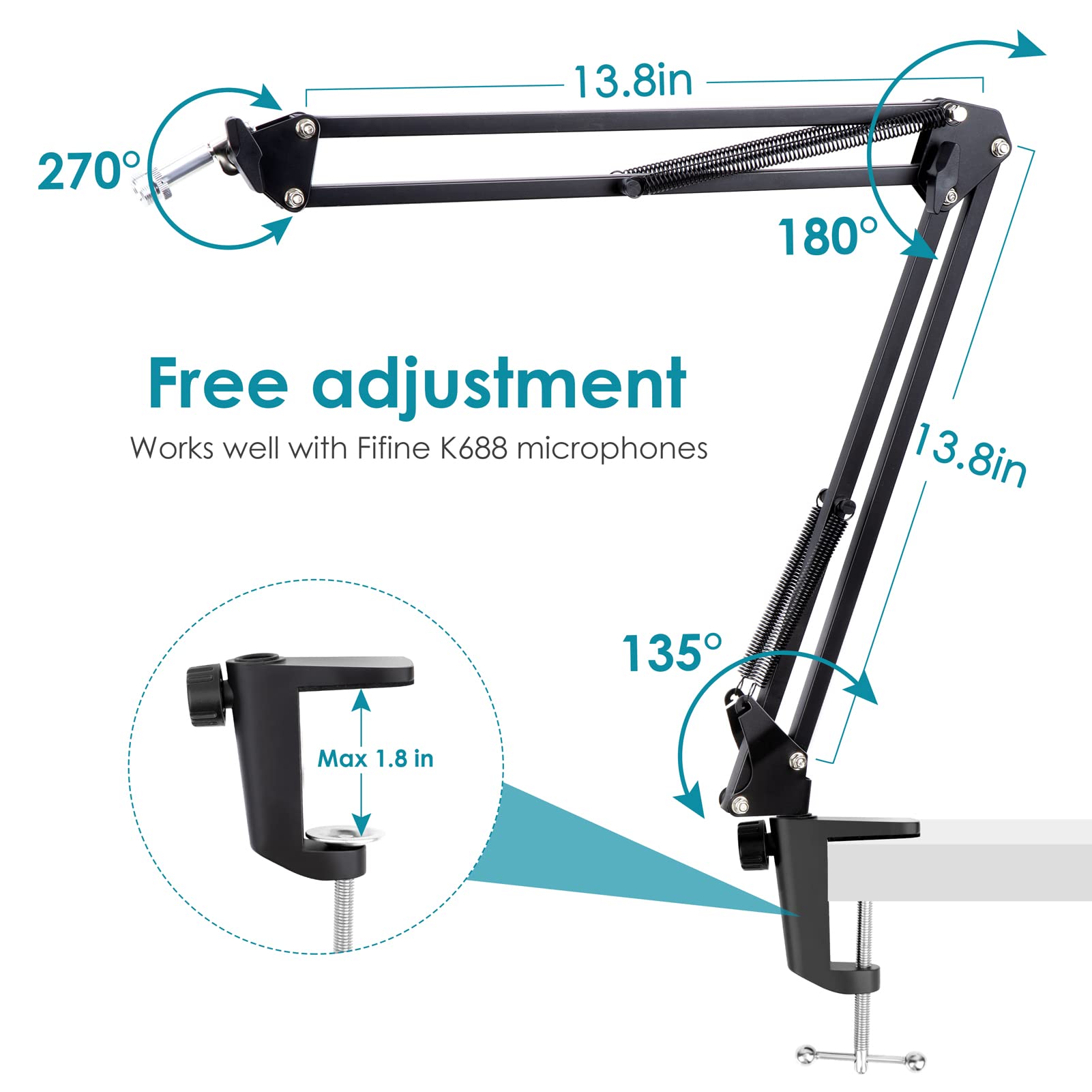 Mic Arm Compatible with Fifine K688 Microphone, Boom Arm for Fifne K688 Mic with Cable Management, Adjustable Microphone Arm Stand by YOUSHARES
