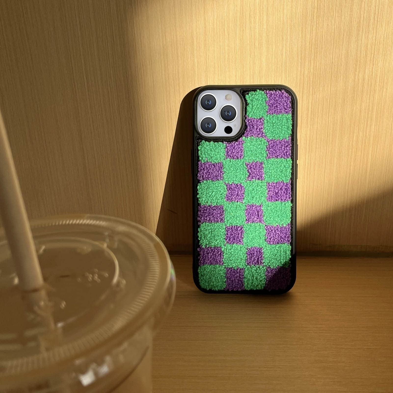 Tewwsdi Checkered Fluffy iPhone 13 Pro Max Case, TPU Terry Velvet Protective Cover, Green Lattice