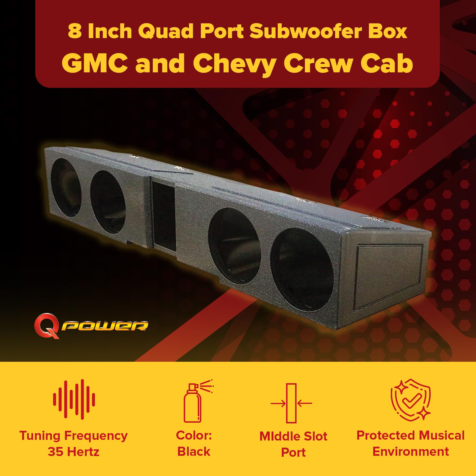 QPower 8 Inch Quad Port Car Subwoofer Enclosure Box Underseat Down Front Fire Bed Liner Black QBGMC07408