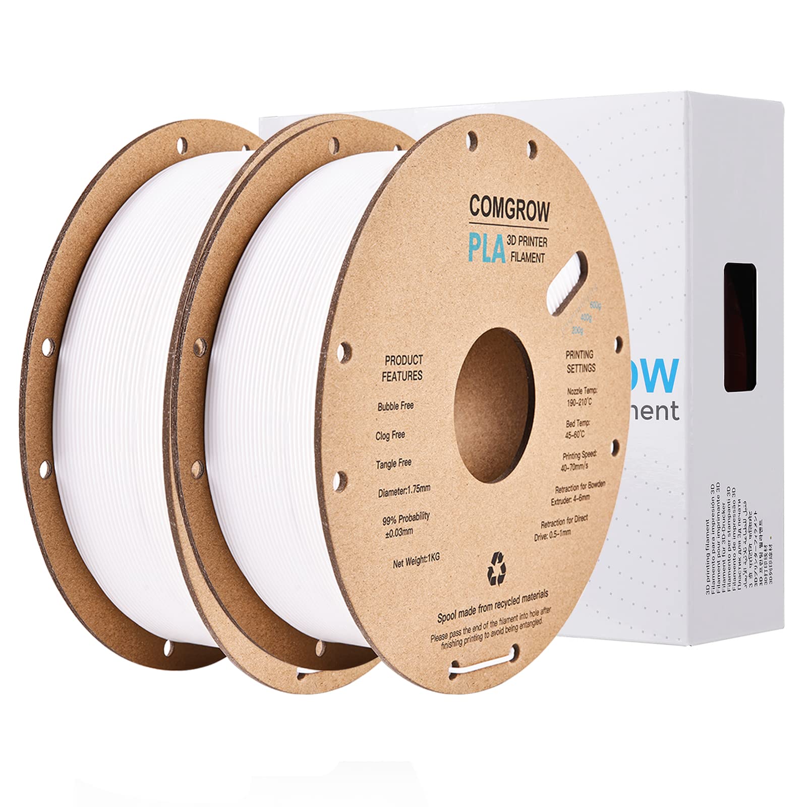 Comgrow Pla 3D Printer Filament, 3D Printer Pla Filament 1.75Mm, Dimensional Accuracy +/  0.02 Mm, 2 Rolls Of 1Kg Spool Pla Whit