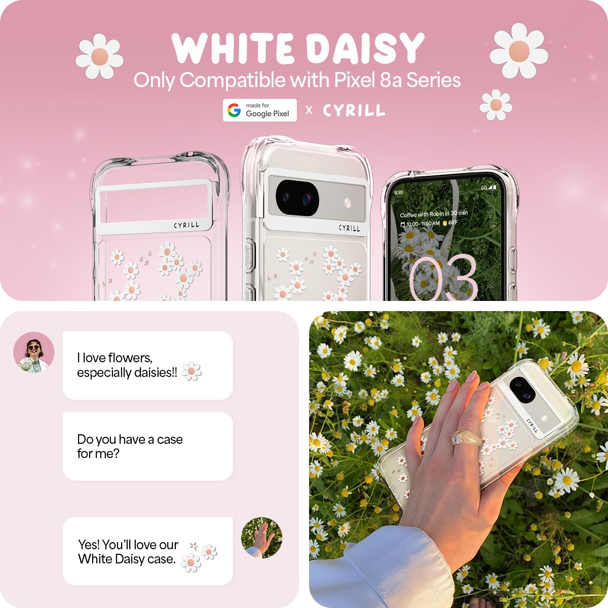 Cyrill Cecile Compatible With Google Pixel 8A Case Clear, Flower Floral Design Cute, [Shock Absorbent] Corner Bumpers Protective