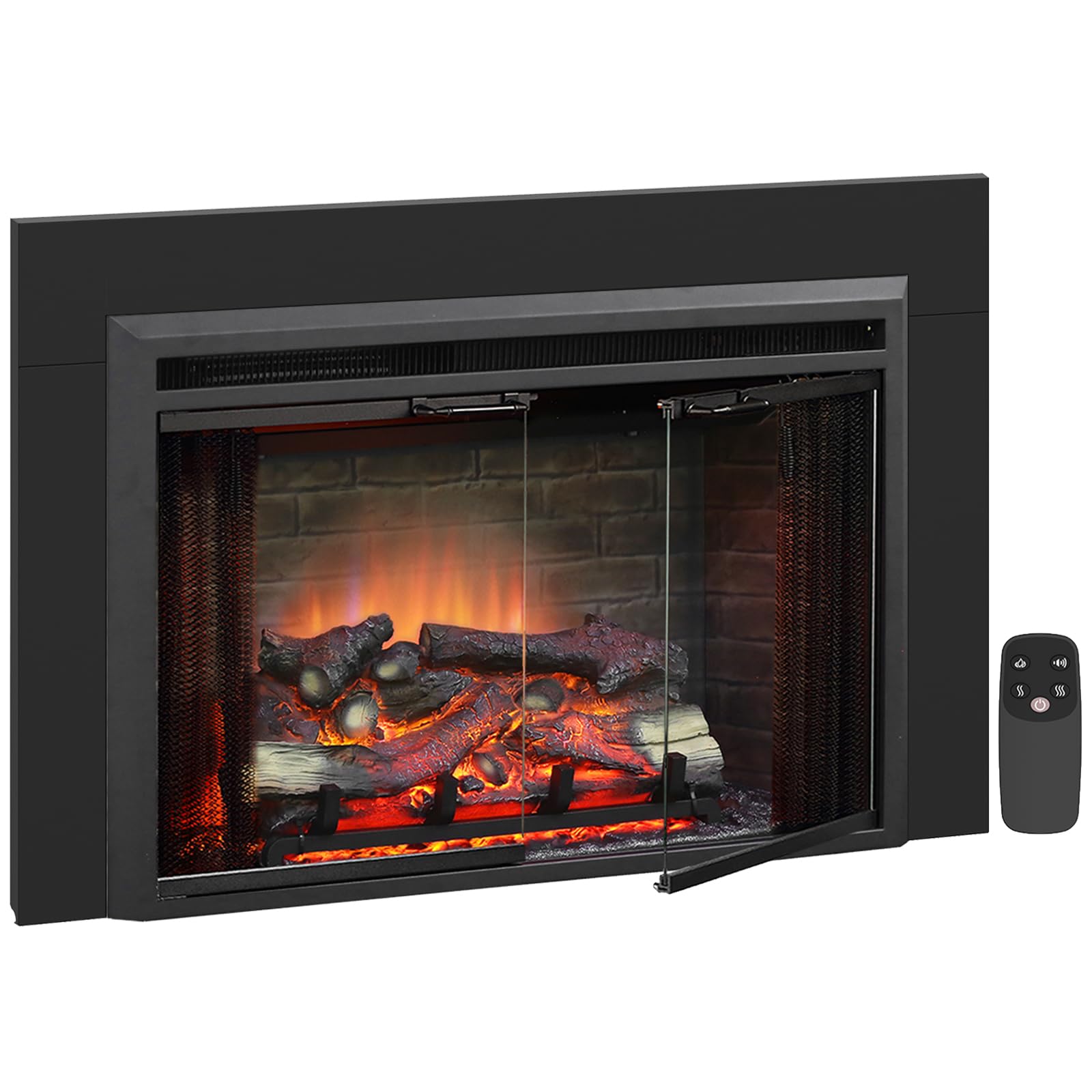 Puraflame Klaus 33    Electric Fireplace Insert With Trim Kit, Fire Crackling Sound, Resin Log, Glass Door And Mesh Screen, 750/